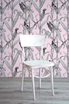 Mais-White Leaf on Pink-Corn Printed Wallpaper