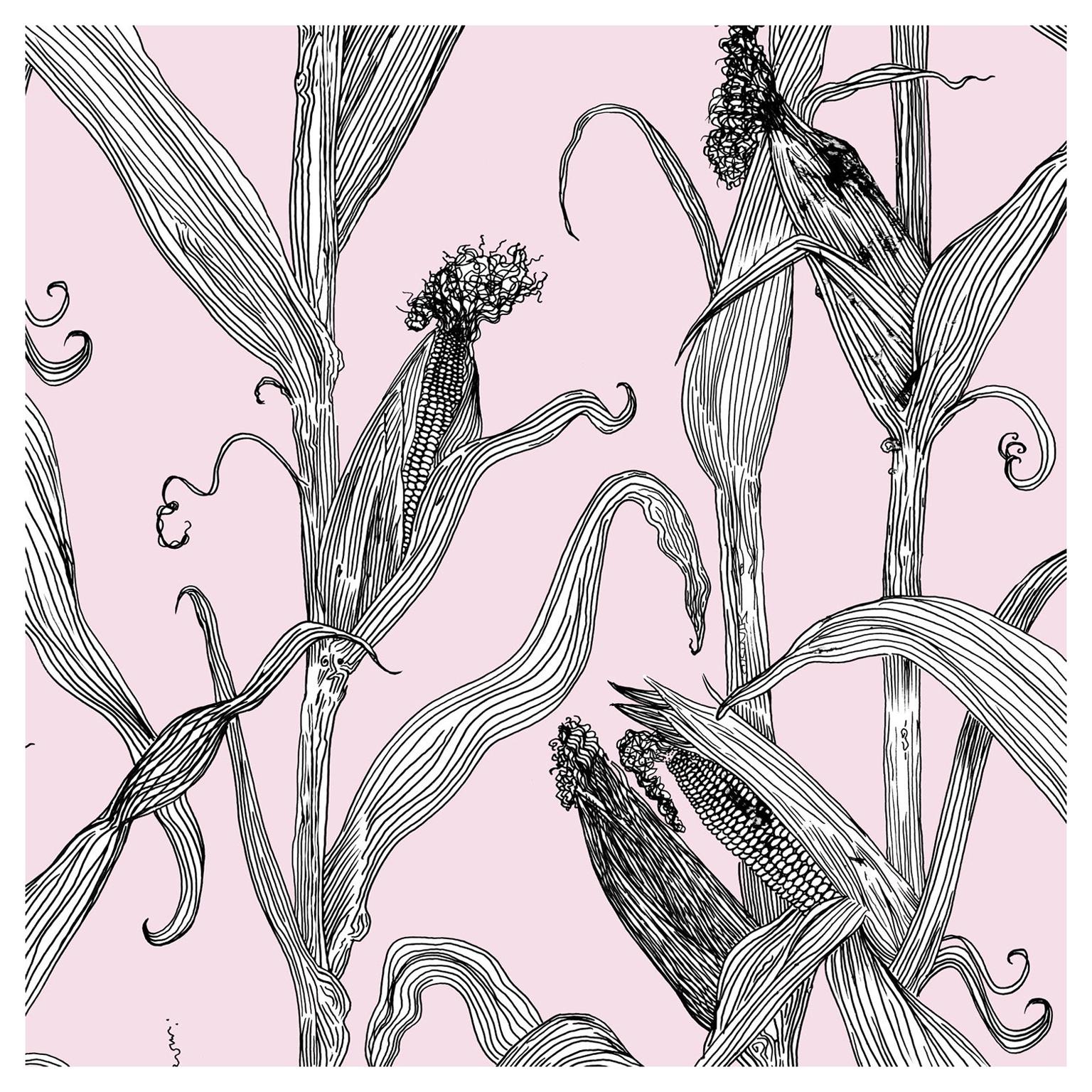 Mais-White Leaf on Pink-Corn Printed Wallpaper For Sale