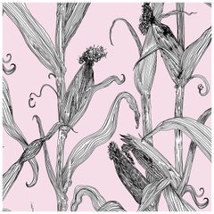 Mais-White Leaf on Pink-Corn Printed Wallpaper