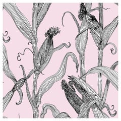 Mais-White Leaf on Pink-Corn Printed Wallpaper