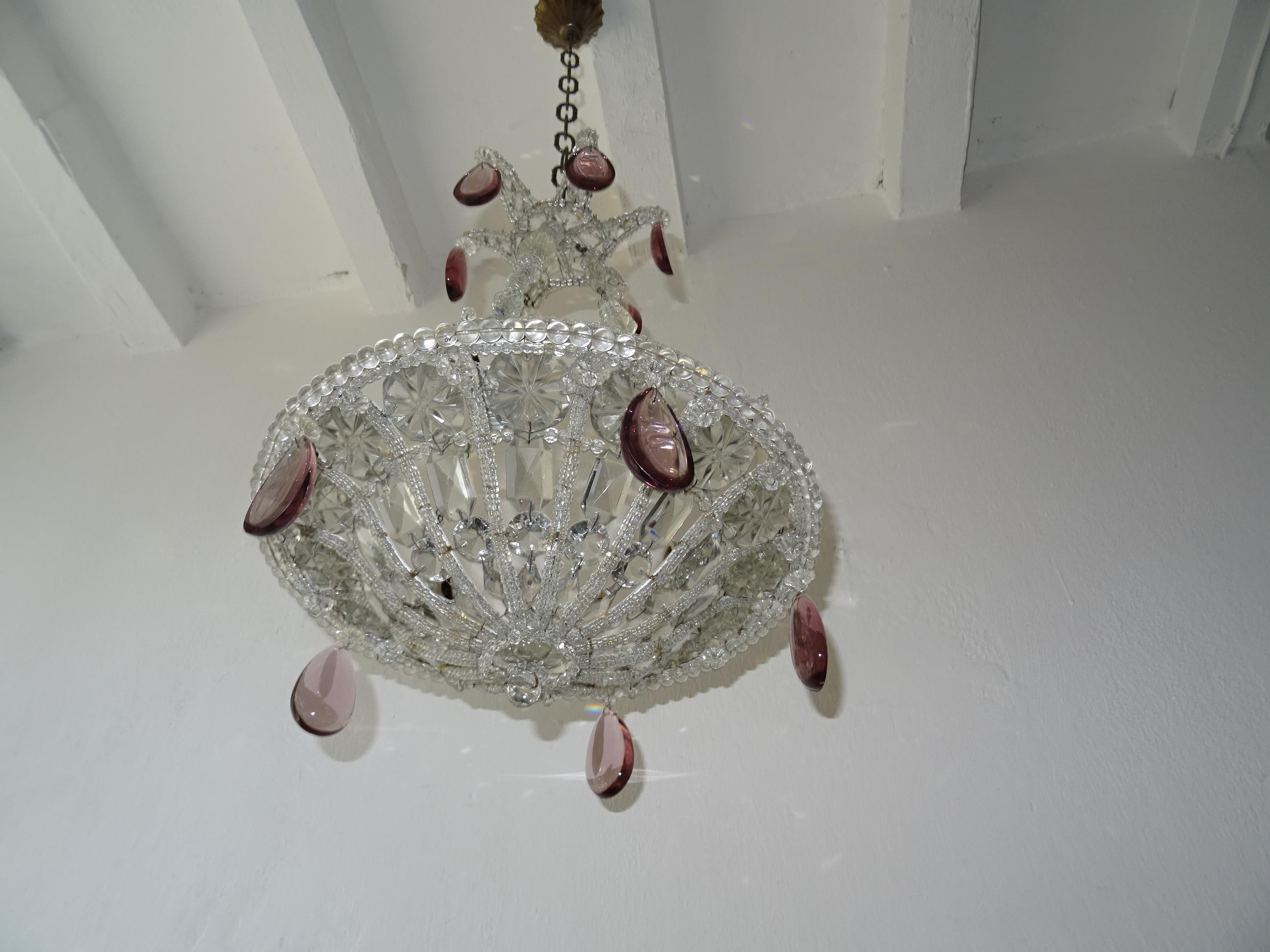 French  Maison 1940s Baguès Amethyst Prisms Beaded Crystal Chains Signed Chandelier For Sale