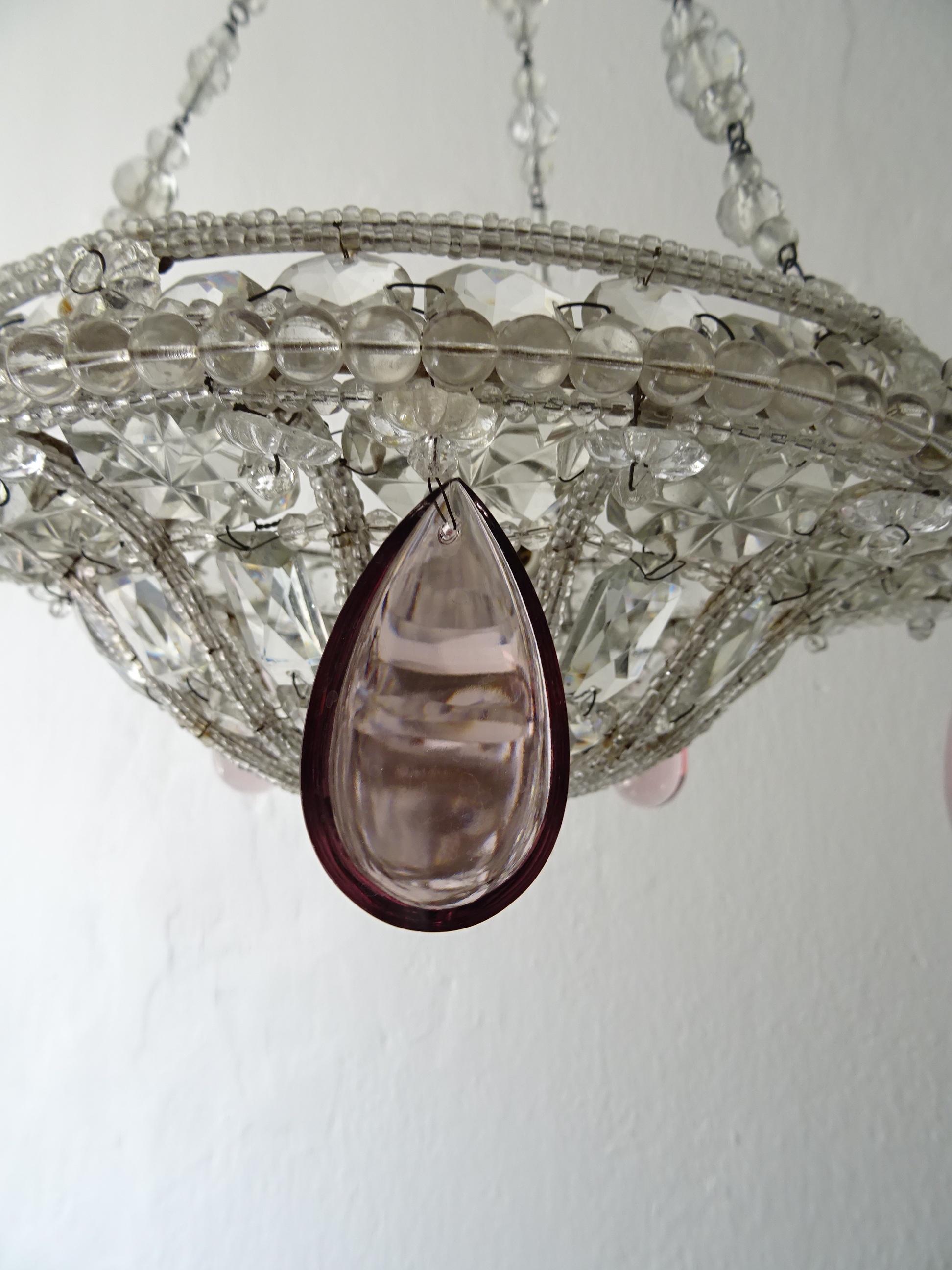  Maison 1940s Baguès Amethyst Prisms Beaded Crystal Chains Signed Chandelier In Good Condition For Sale In Modena (MO), Modena (Mo)