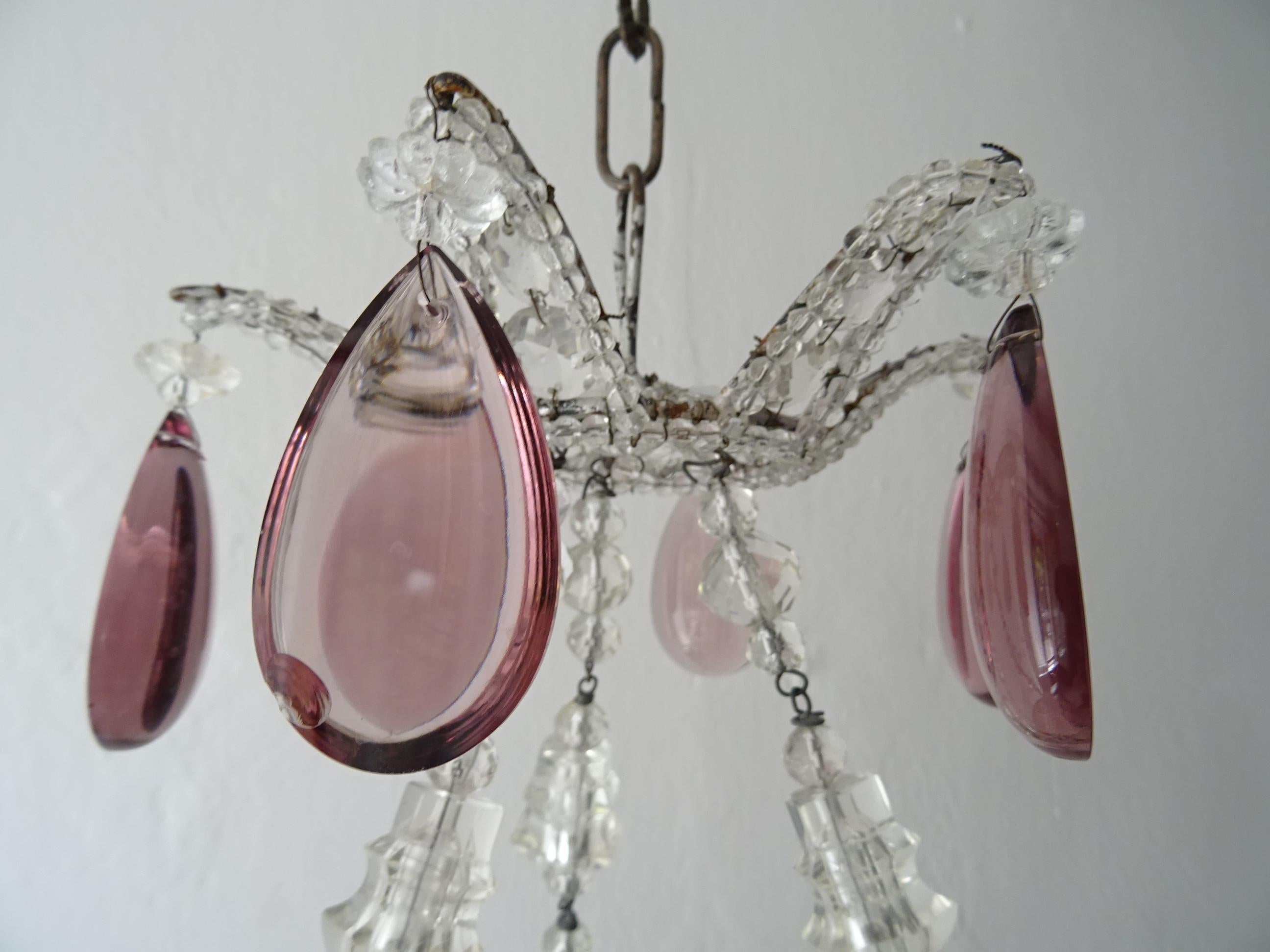 Early 20th Century  Maison 1940s Baguès Amethyst Prisms Beaded Crystal Chains Signed Chandelier For Sale