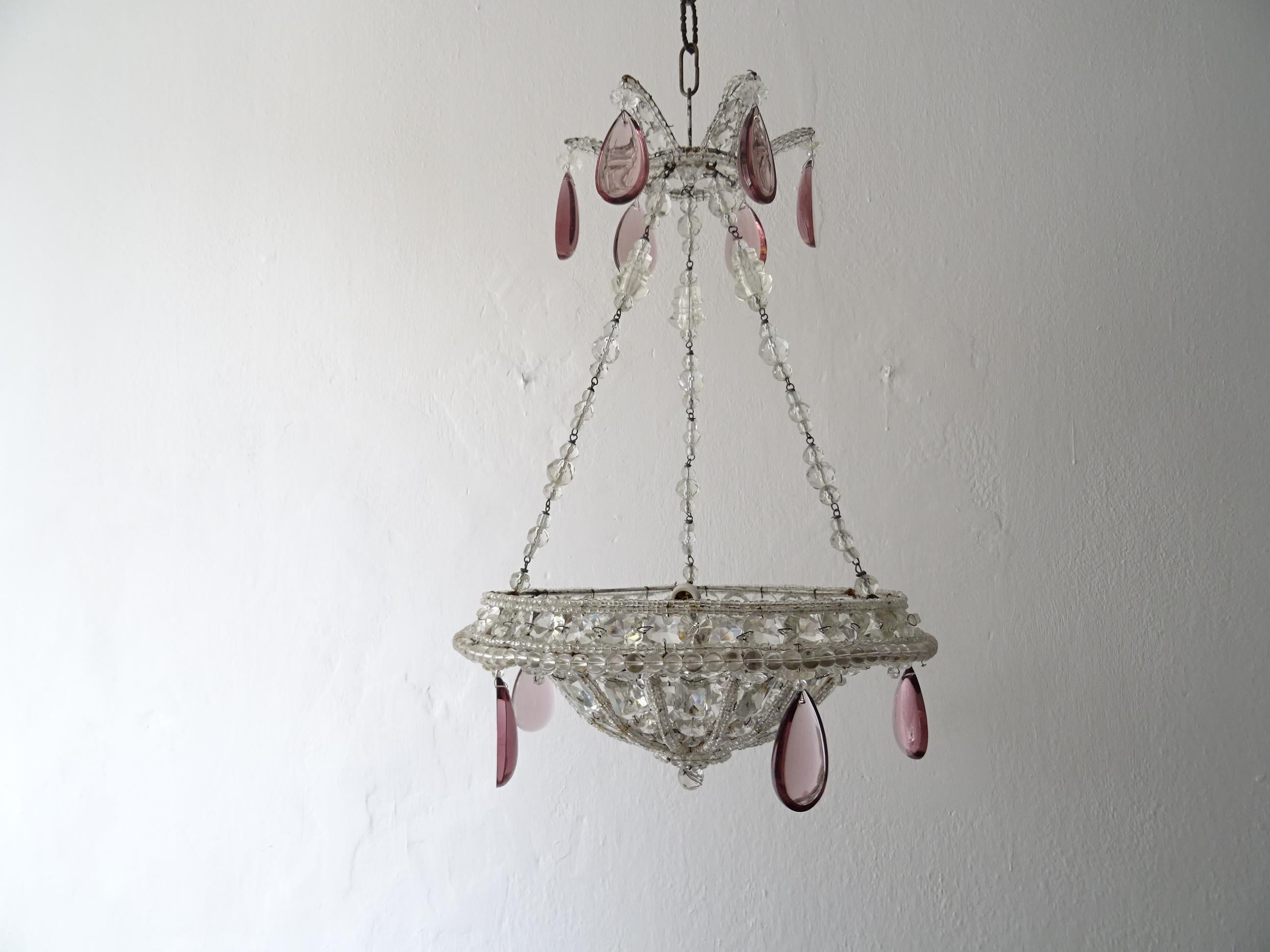  Maison 1940s Baguès Amethyst Prisms Beaded Crystal Chains Signed Chandelier For Sale 3