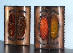 Maison Accolay French Brutalist Resin & Copper Sconces, Wall Lights, Pair