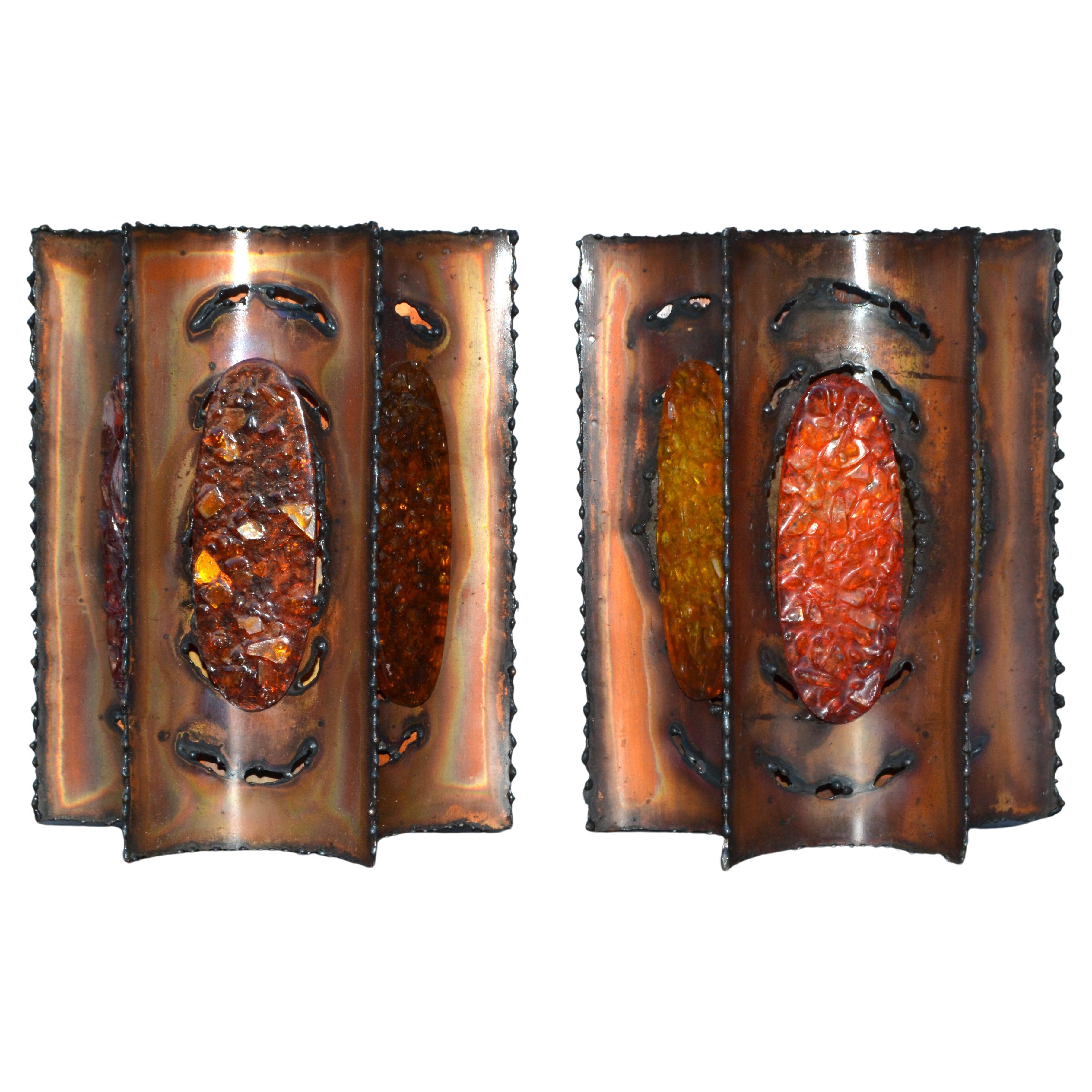 Maison Accolay French Brutalist Resin & Copper Sconces, Wall Lights, Pair