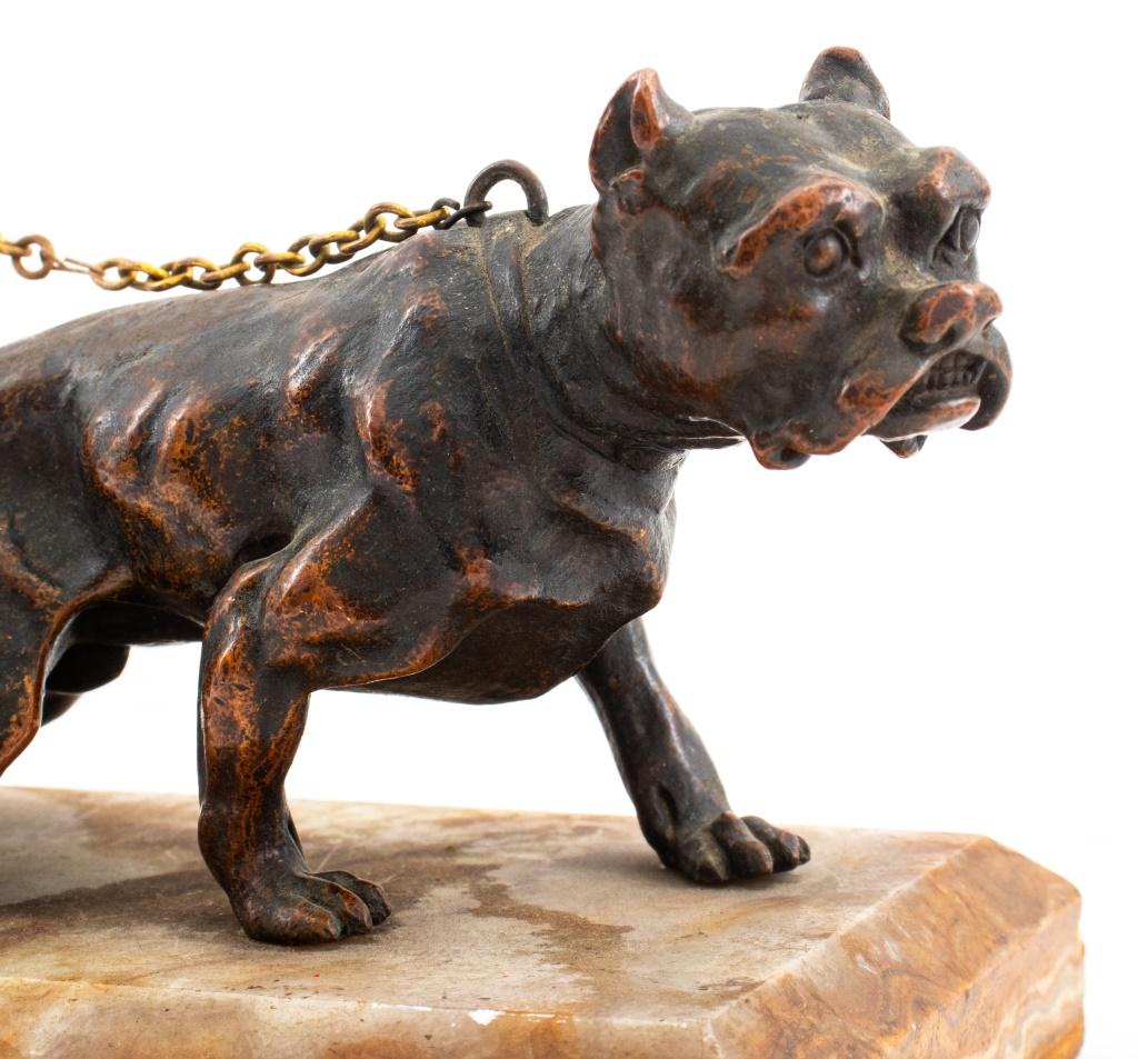 Maison Alphonse Giroux patinated bronze sculpture depicting a bulldog raised on a marble base, apparently unsigned, circa nineteenth century. Overall: 4