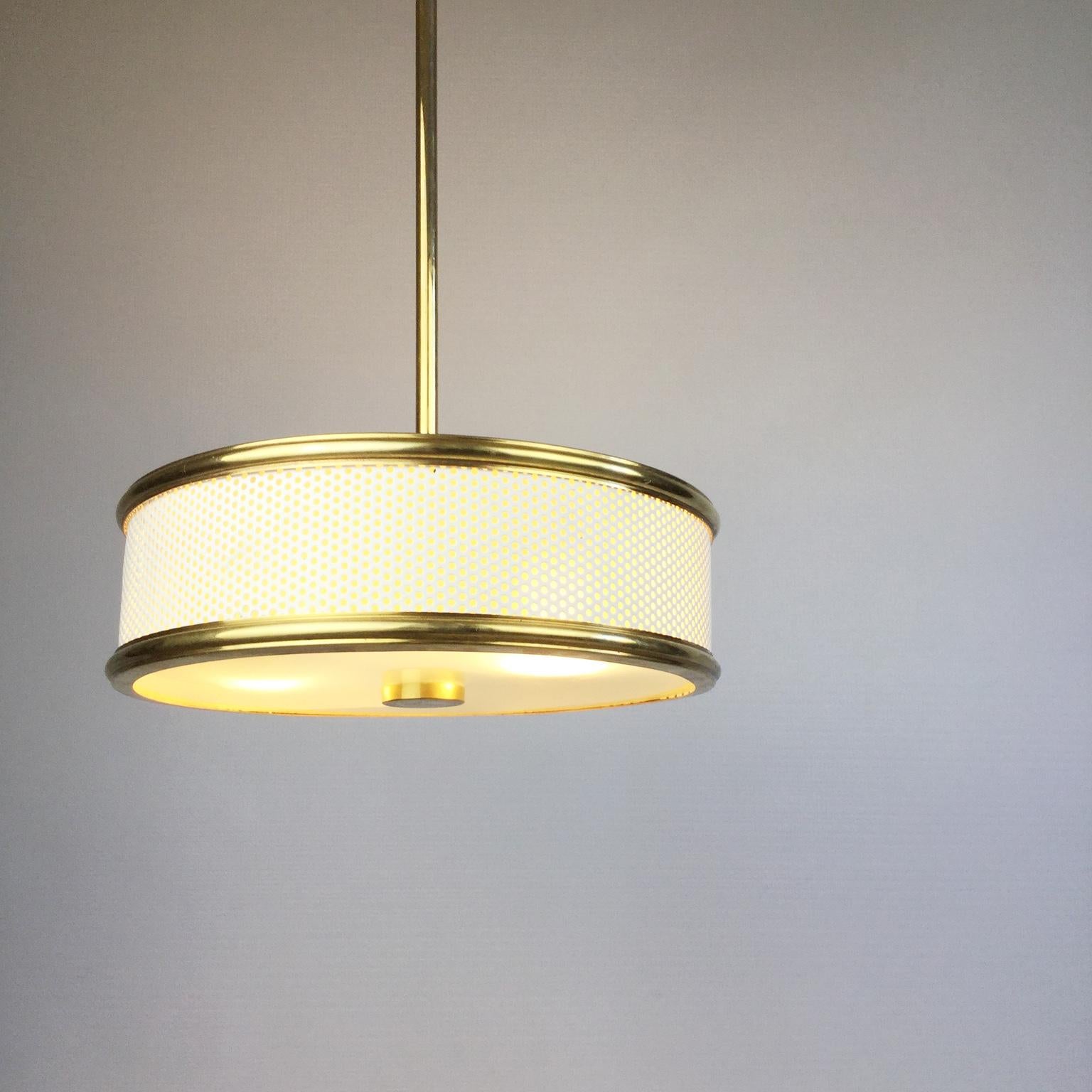 French White and brass Maison Arlus Ceiling Light Attributed to Pierre Guariche 1950s