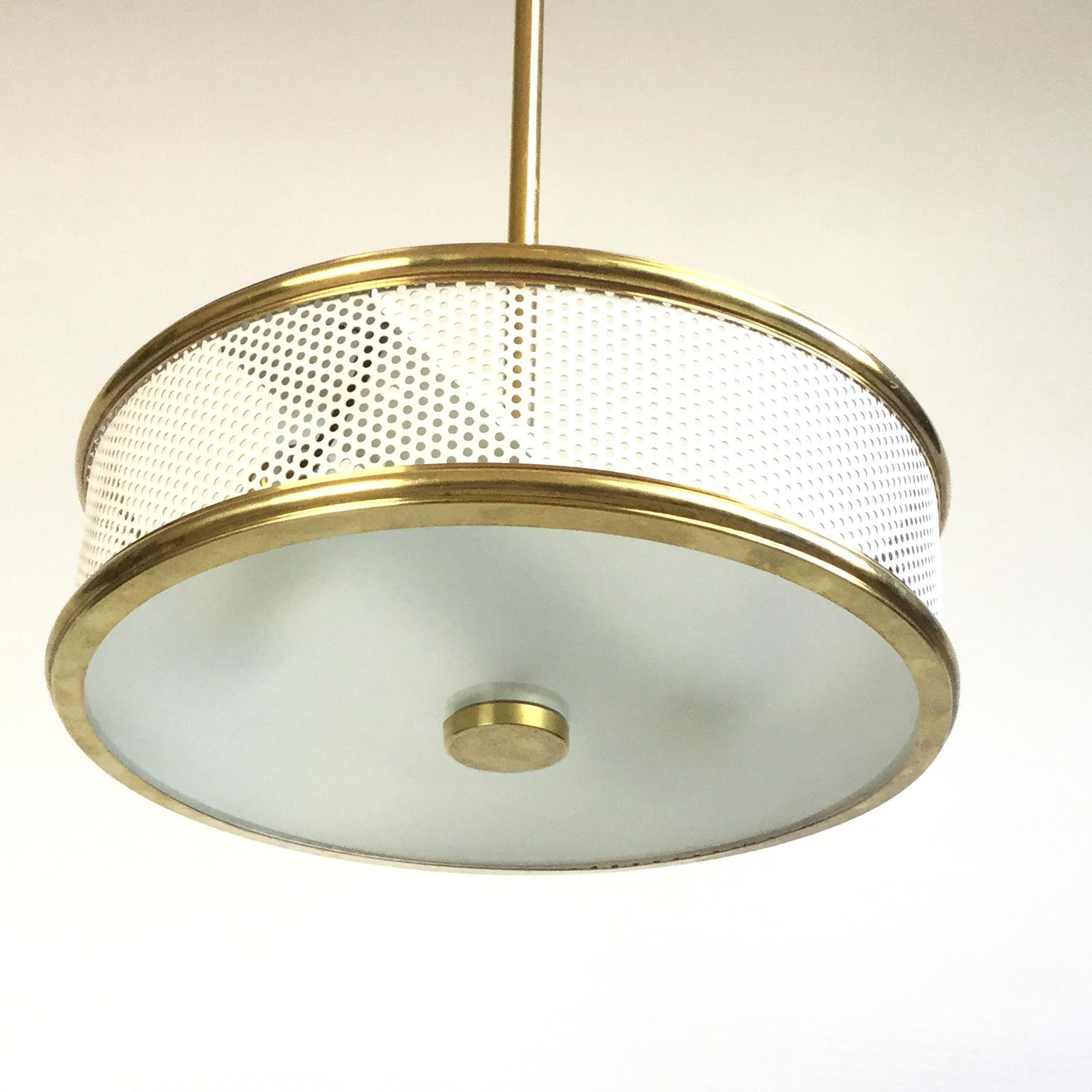 Frosted White and brass Maison Arlus Ceiling Light Attributed to Pierre Guariche 1950s