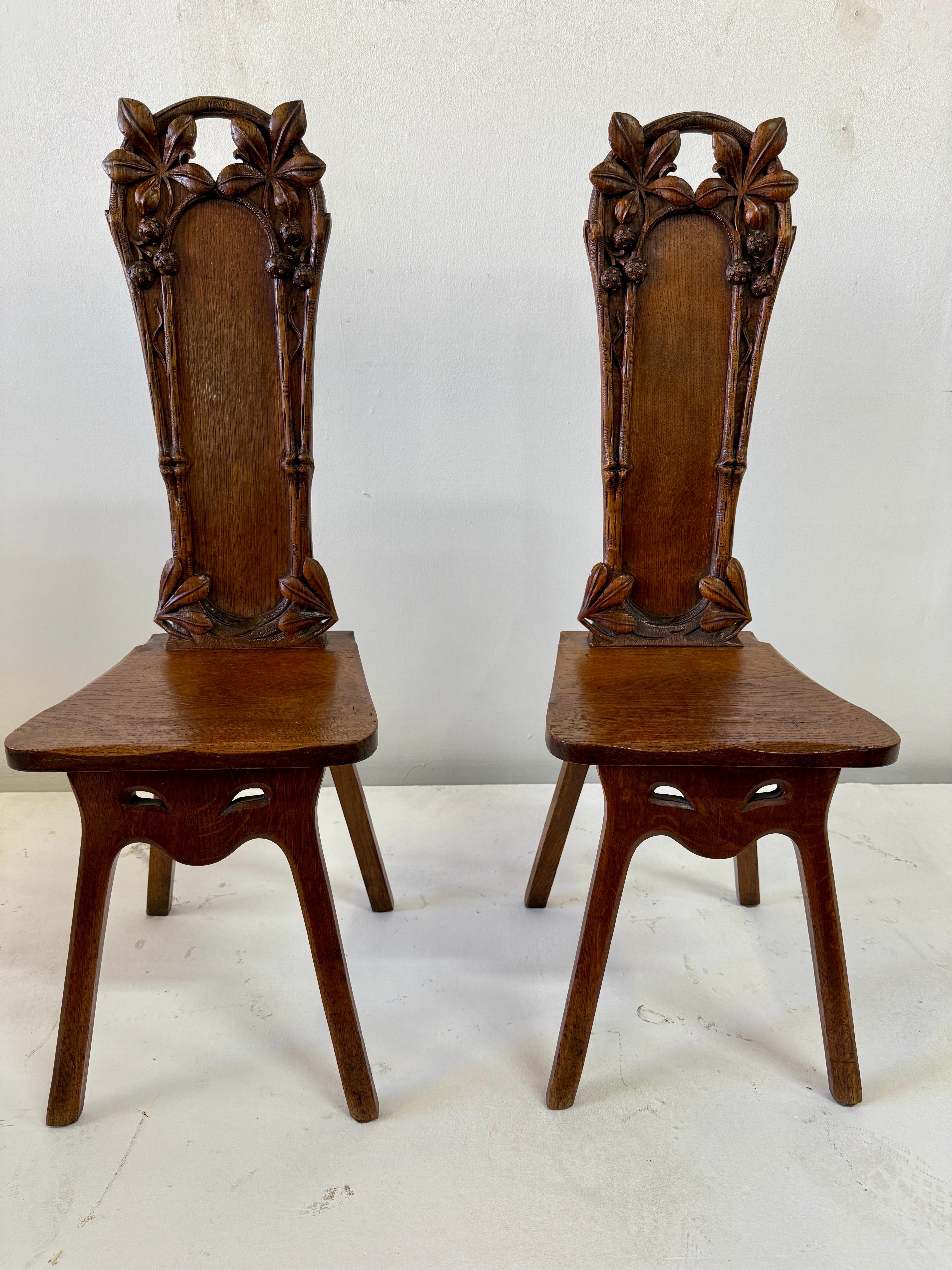 Maison Antoine Bastet Antique Carved Oak Hall Side Chairs, Pair For Sale 3