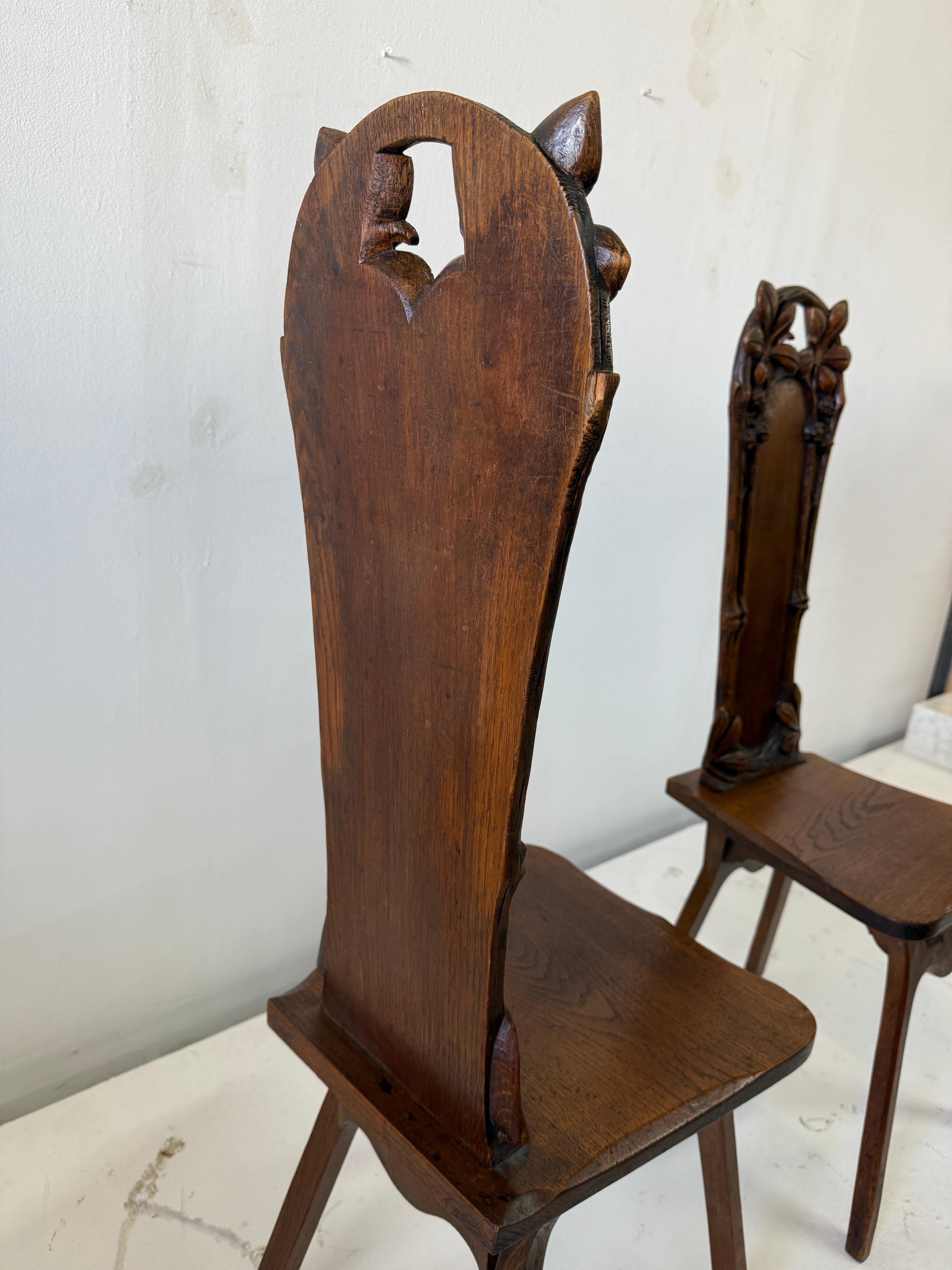 Art Nouveau Maison Antoine Bastet Antique Carved Oak Hall Side Chairs, Pair For Sale