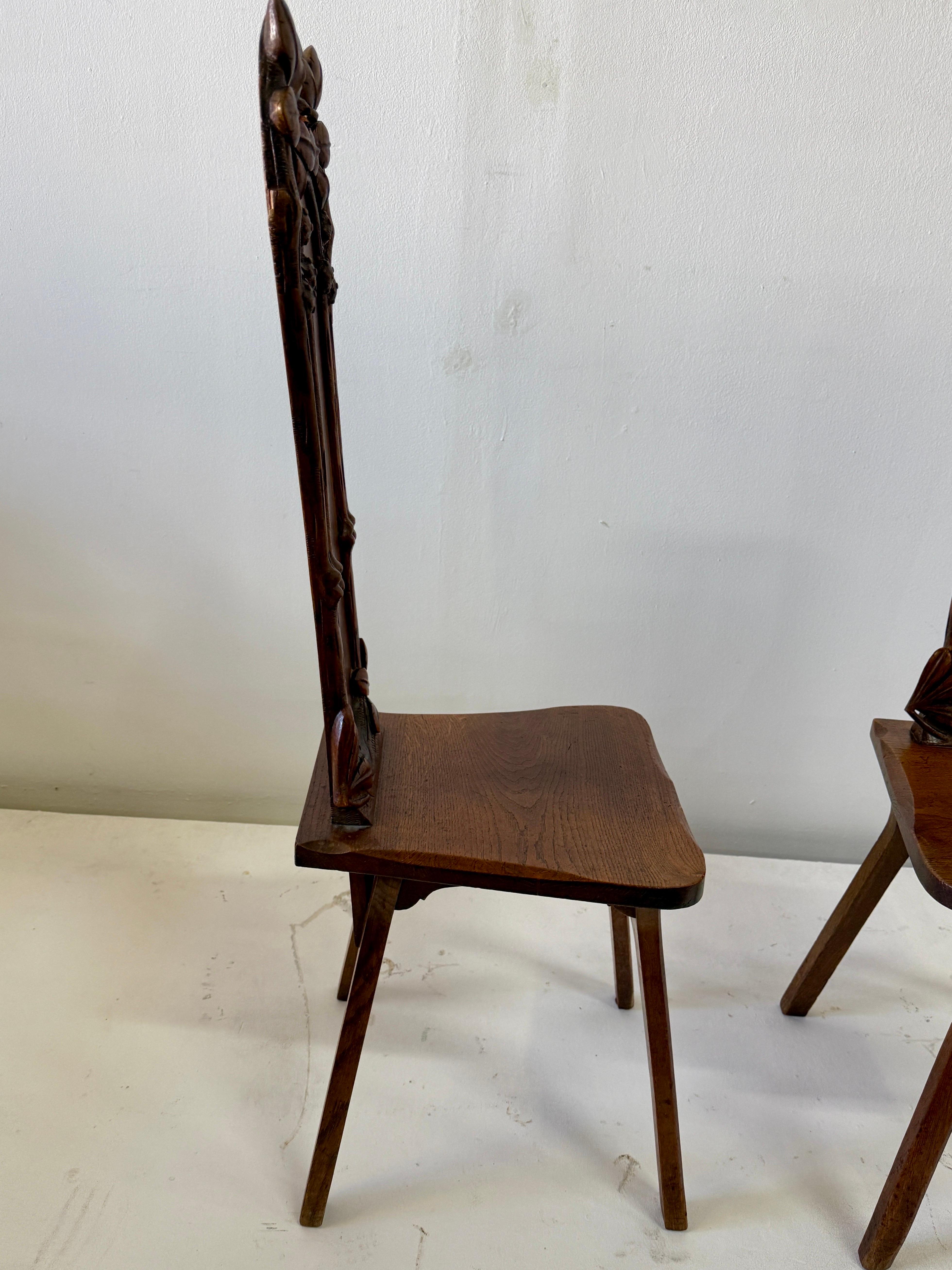 20th Century Maison Antoine Bastet Antique Carved Oak Hall Side Chairs, Pair For Sale