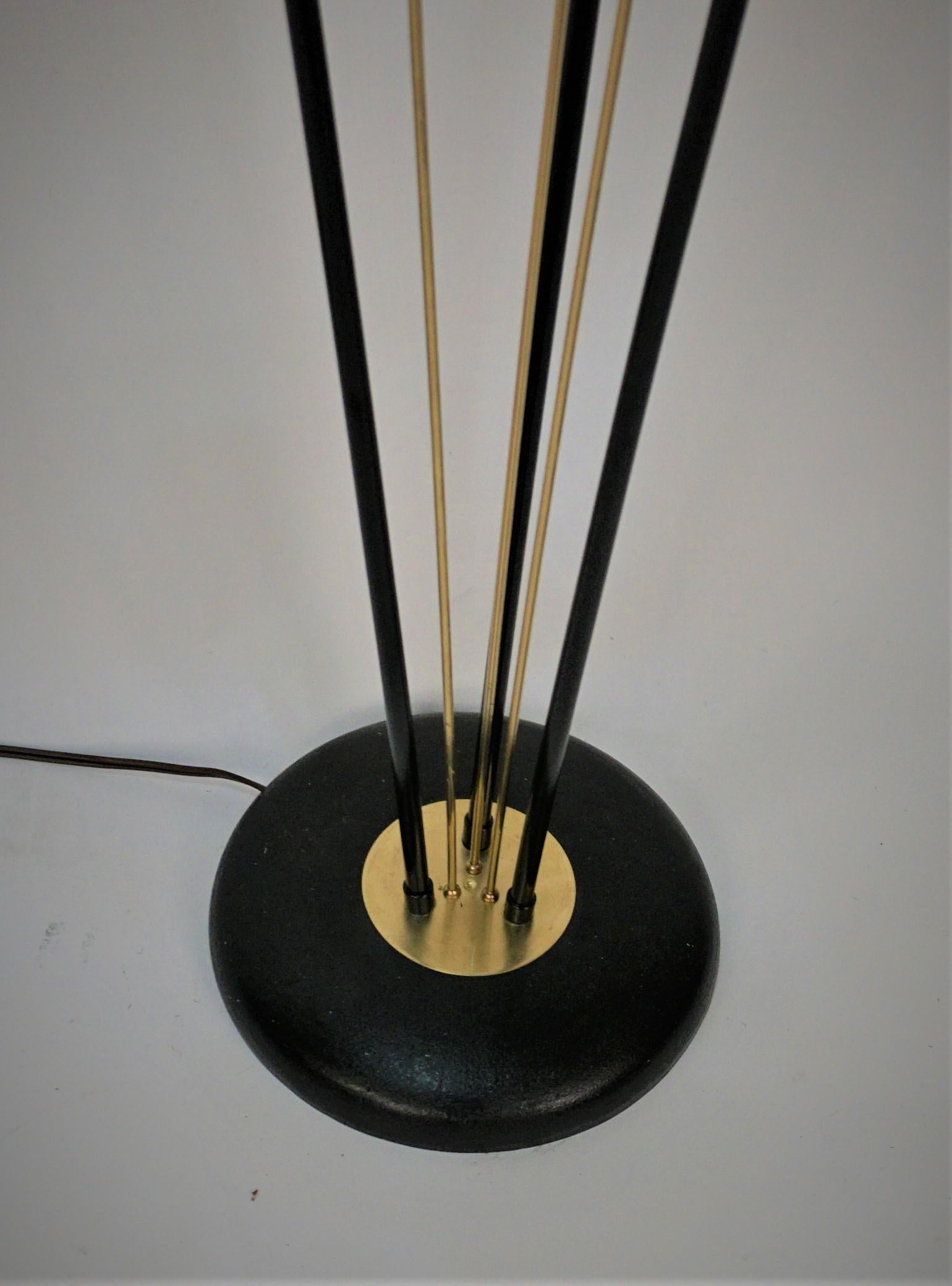 Midcentury Arlus floor lamp with three texture glass shades, bronze, black lacquer, and Lucite.
 