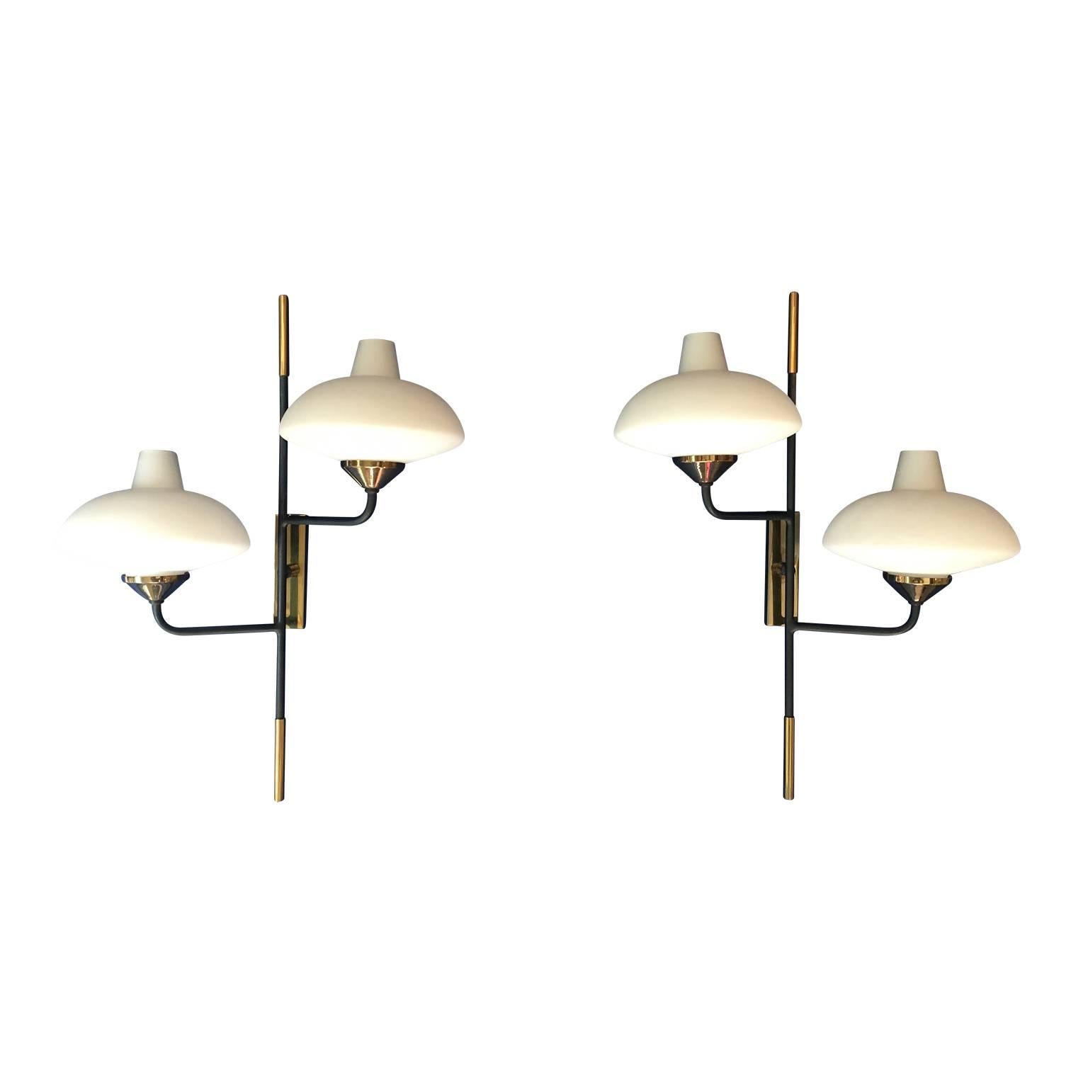 French Maison Arlus 1950s Pair of Brass and Metal Sconces with Opaline Glass