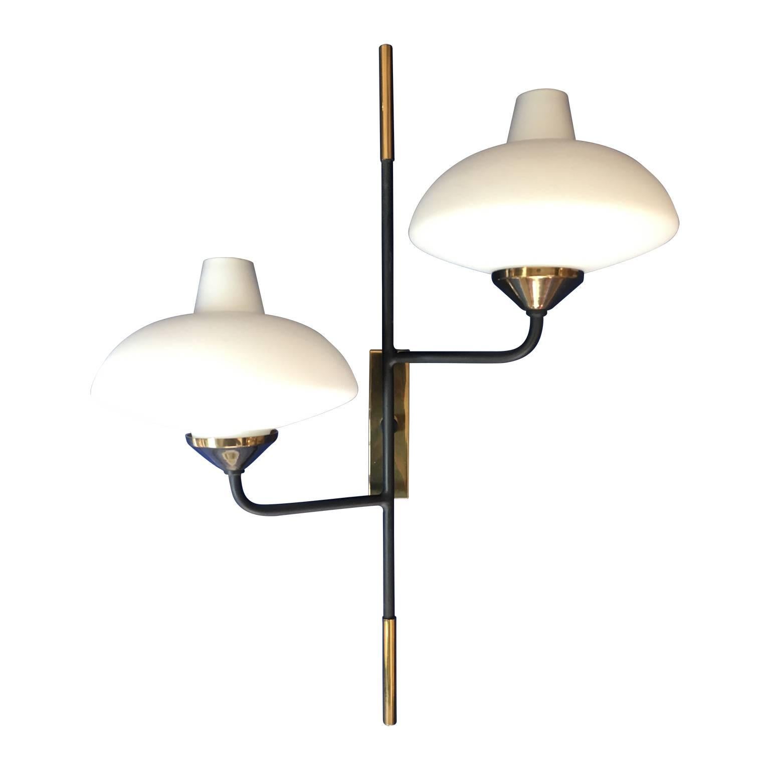 Maison Arlus 1950s Pair of Brass and Metal Sconces with Opaline Glass In Good Condition In Saint-Ouen, FR