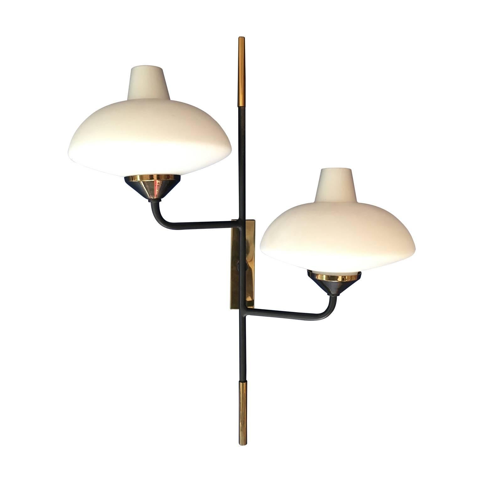 Mid-20th Century Maison Arlus 1950s Pair of Brass and Metal Sconces with Opaline Glass