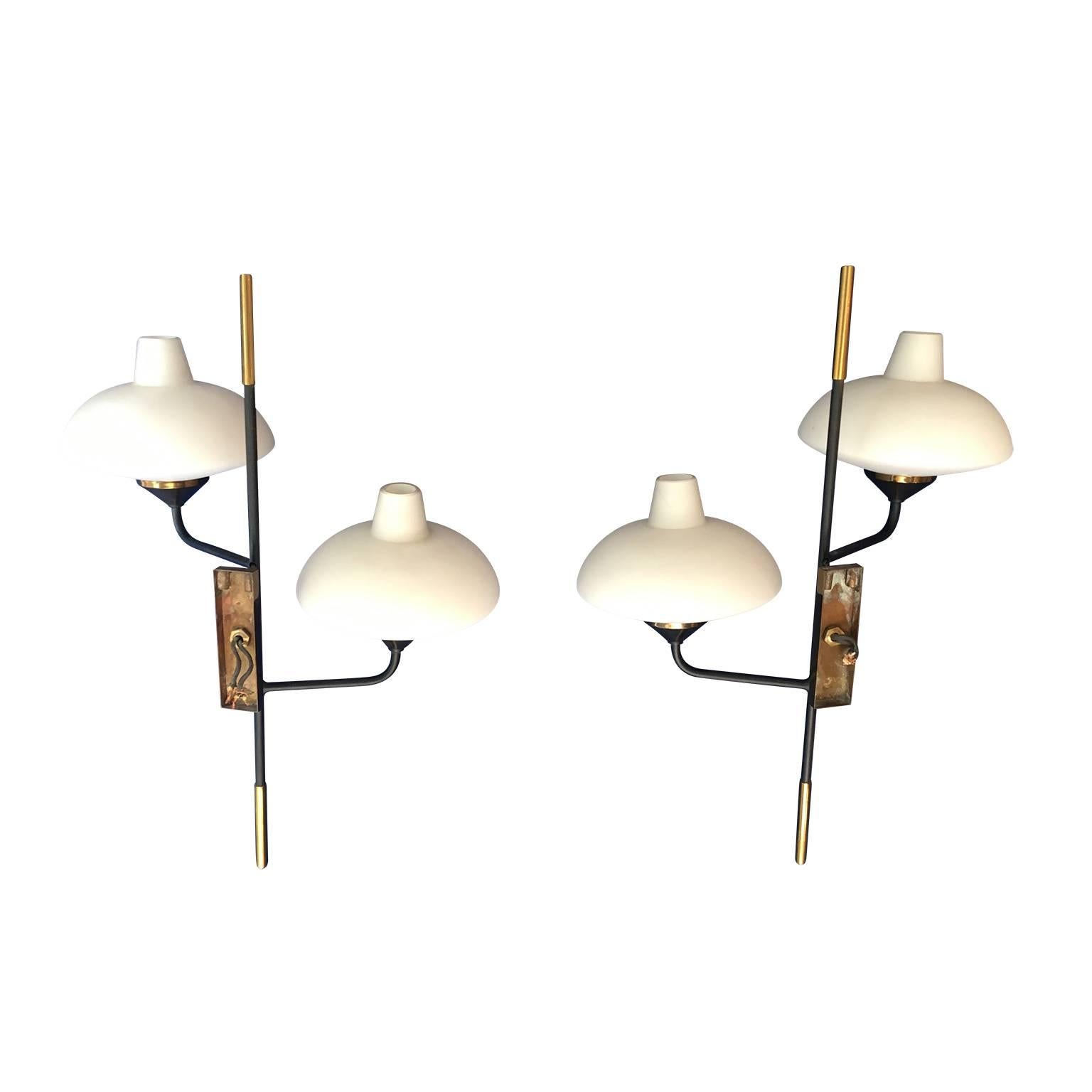 Maison Arlus 1950s Pair of Brass and Metal Sconces with Opaline Glass 3