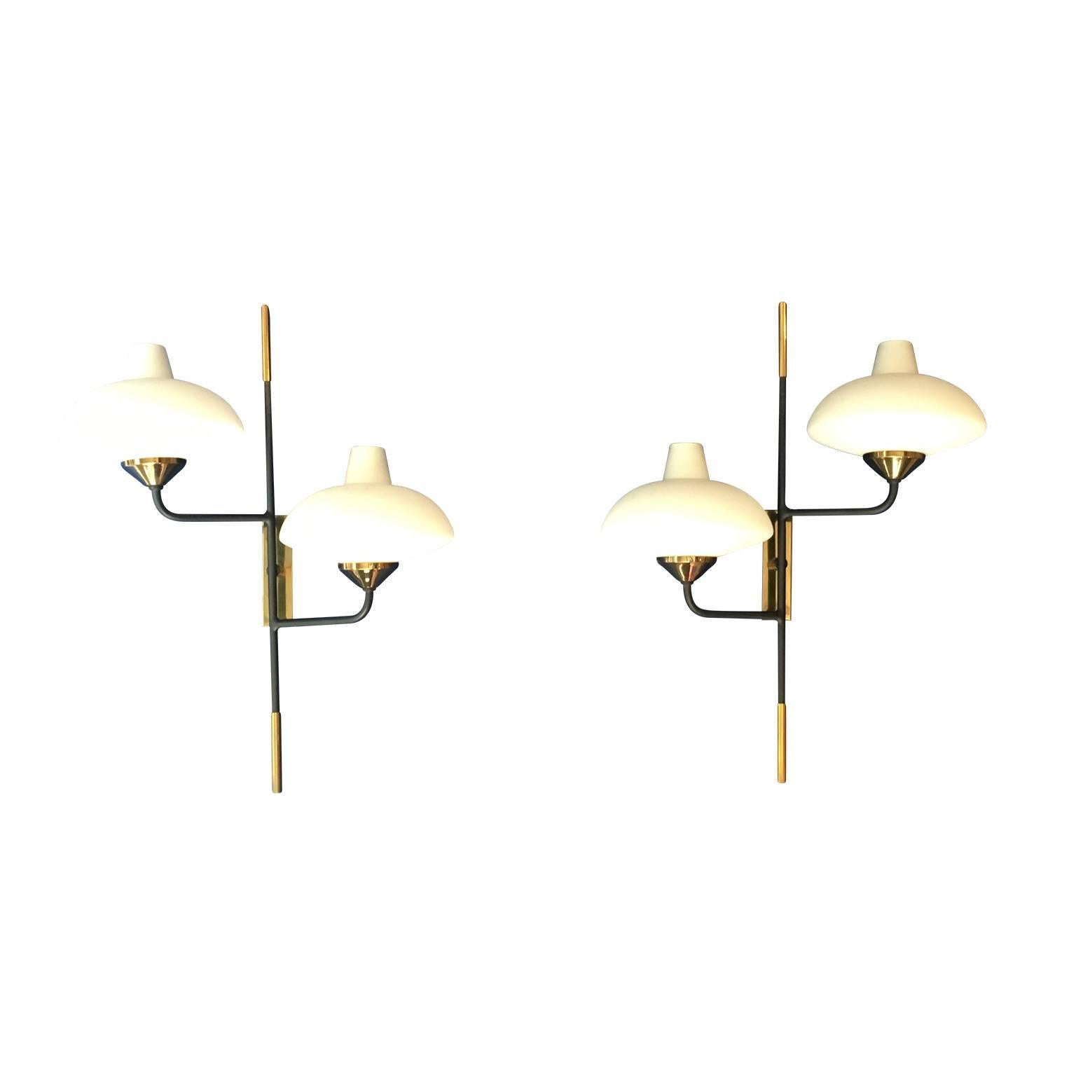 Maison Arlus 1950s Pair of Brass and Metal Sconces with Opaline Glass