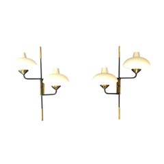 Maison Arlus 1950s Pair of Brass and Metal Sconces with Opaline Glass