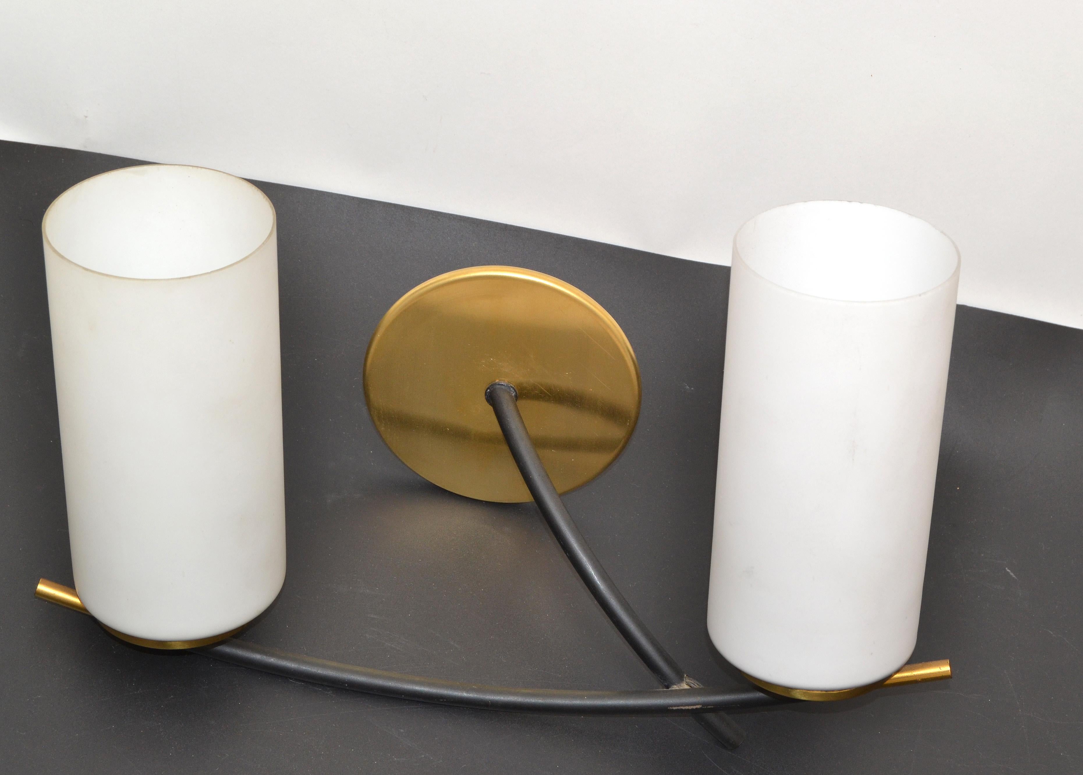 Maison Arlus 2 Light Sconce Brass Steel & Cylinder Opaline Shade Art Deco, Pair For Sale 6