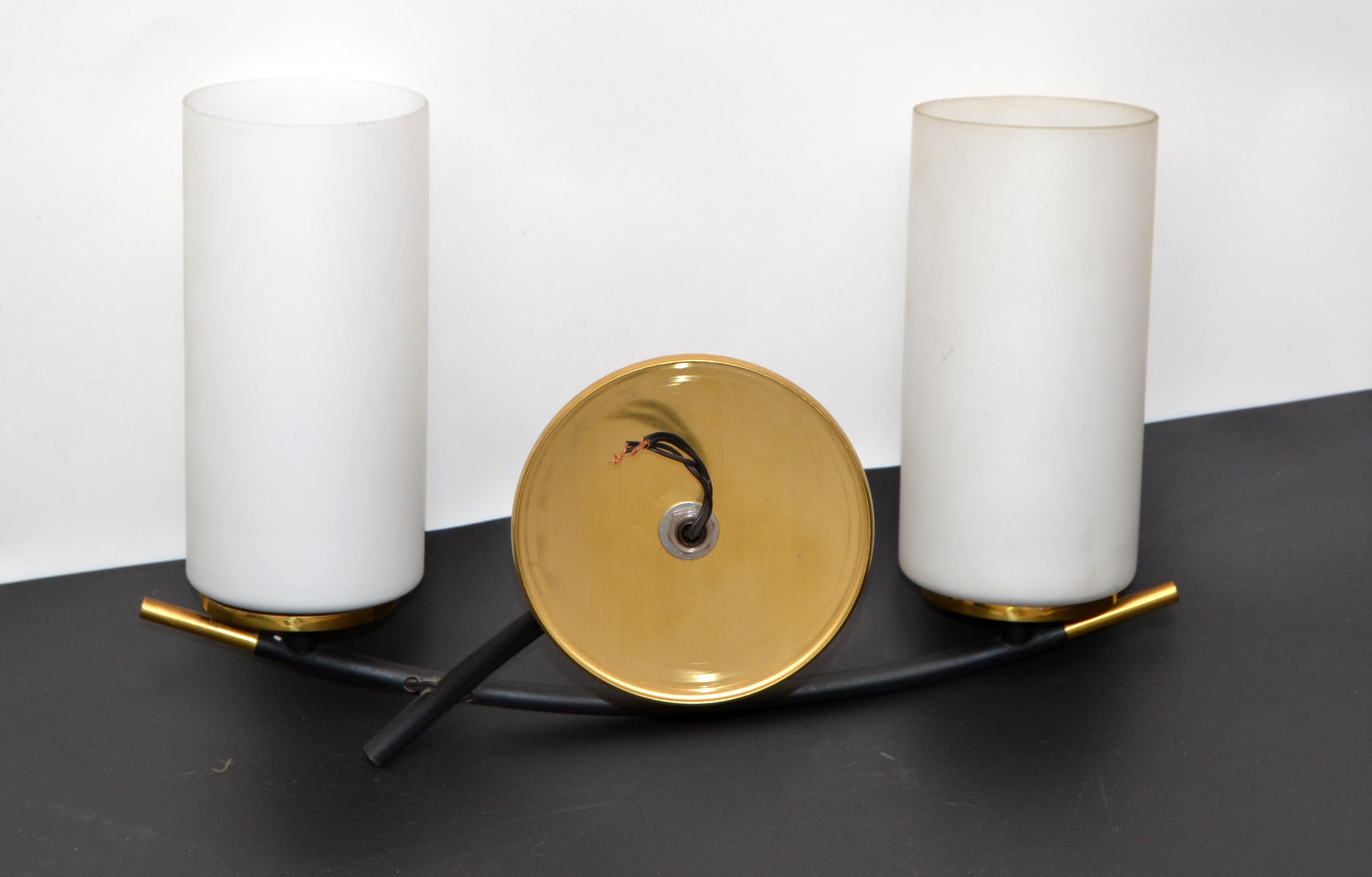 Maison Arlus 2 Light Sconce Brass Steel & Cylinder Opaline Shade Art Deco, Pair For Sale 7