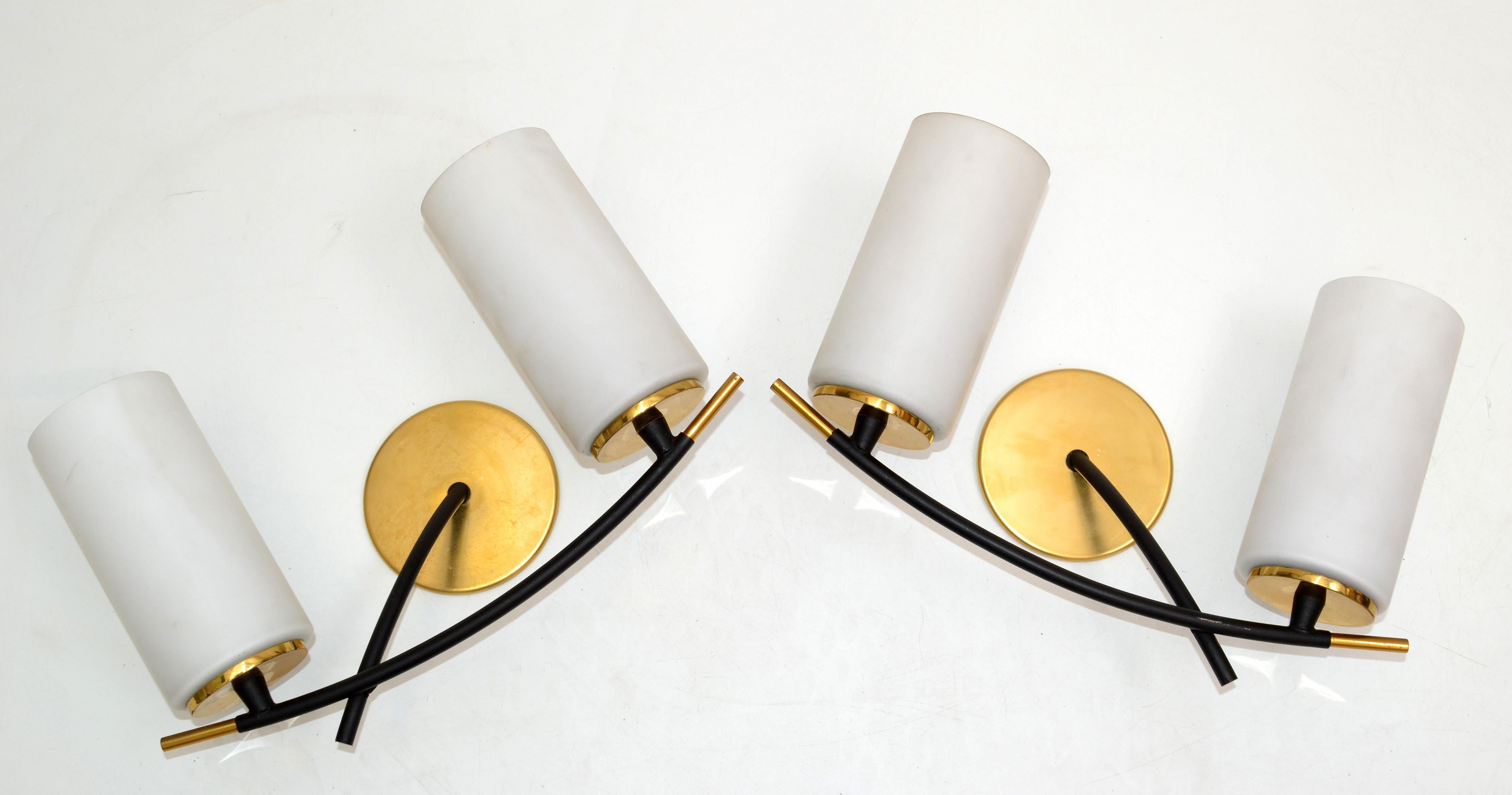 Mid-Century Modern Maison Arlus 2 Light Sconce Brass Steel & Cylinder Opaline Shade Art Deco, Pair For Sale