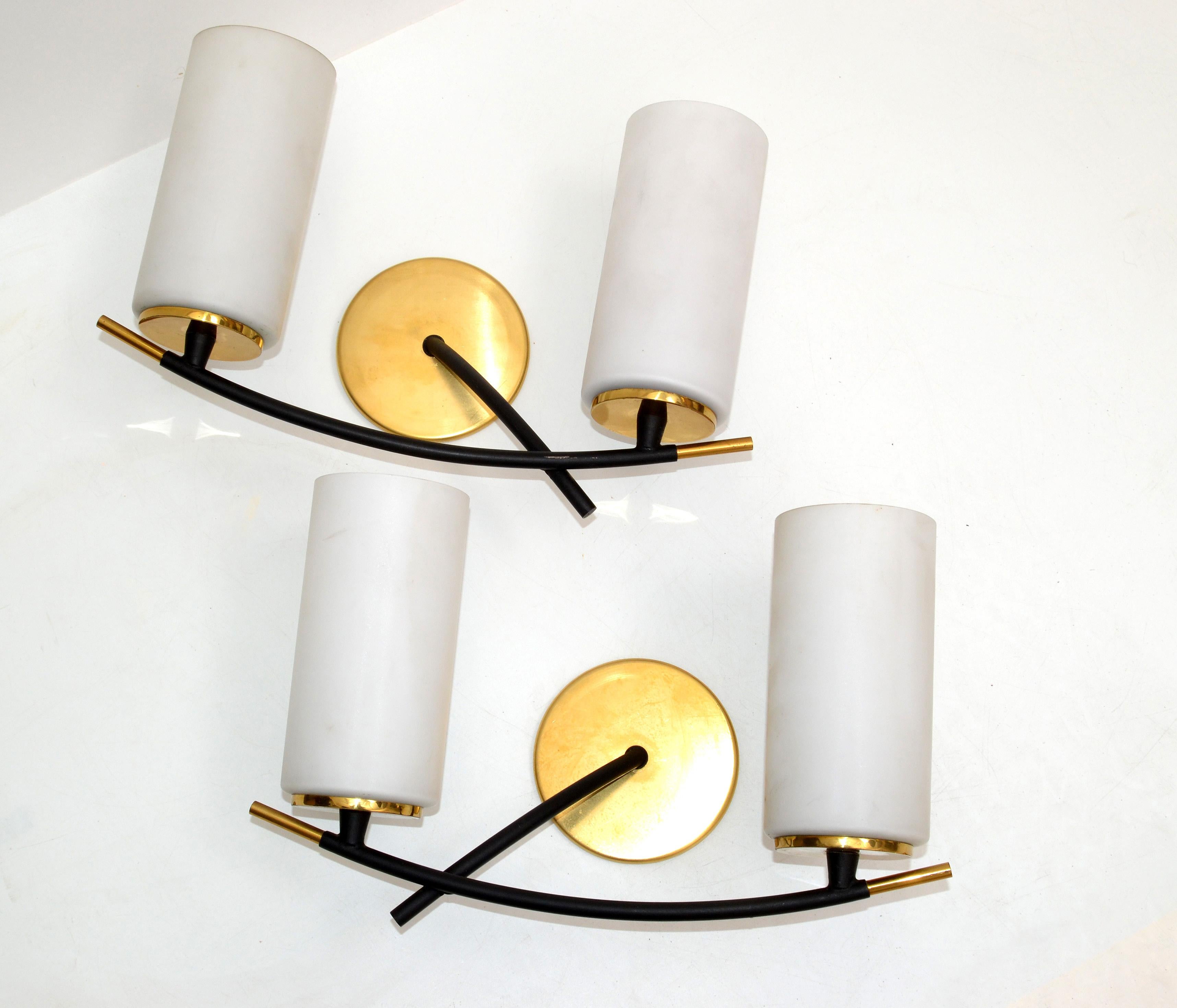 French Maison Arlus 2 Light Sconce Brass Steel & Cylinder Opaline Shade Art Deco, Pair For Sale
