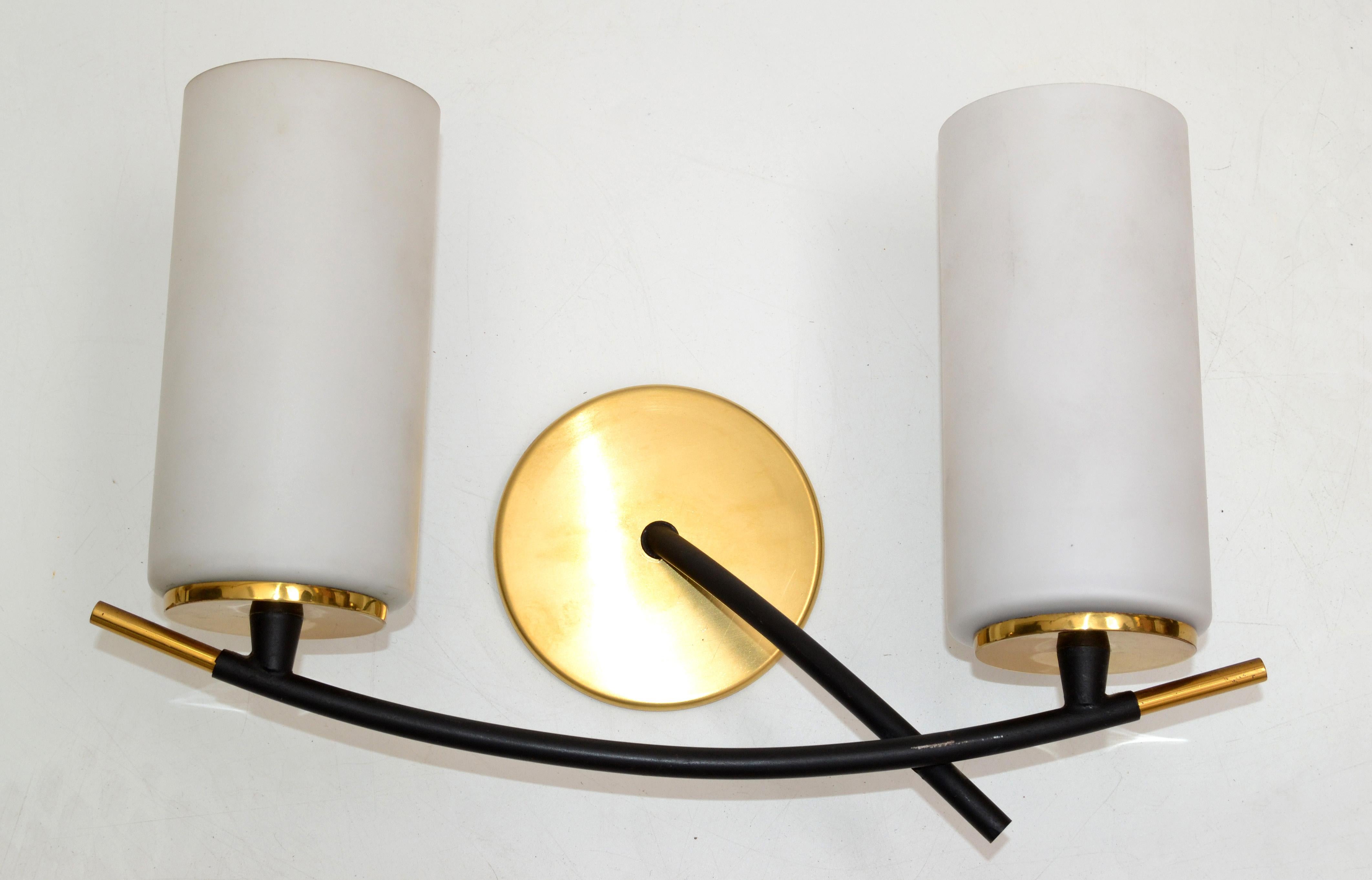 Maison Arlus 2 Light Sconce Brass Steel & Cylinder Opaline Shade Art Deco, Pair In Good Condition For Sale In Miami, FL