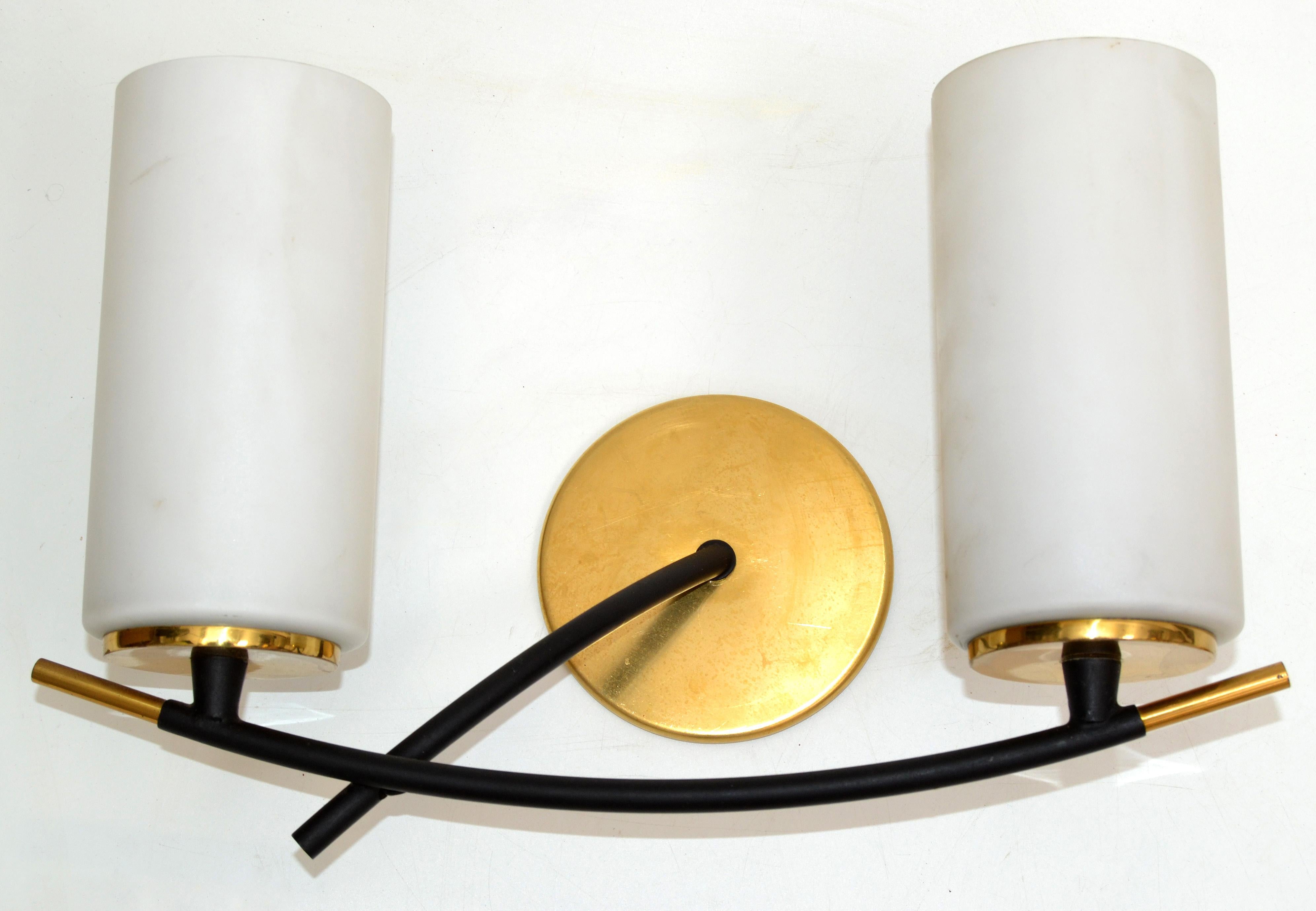 Mid-20th Century Maison Arlus 2 Light Sconce Brass Steel & Cylinder Opaline Shade Art Deco, Pair For Sale
