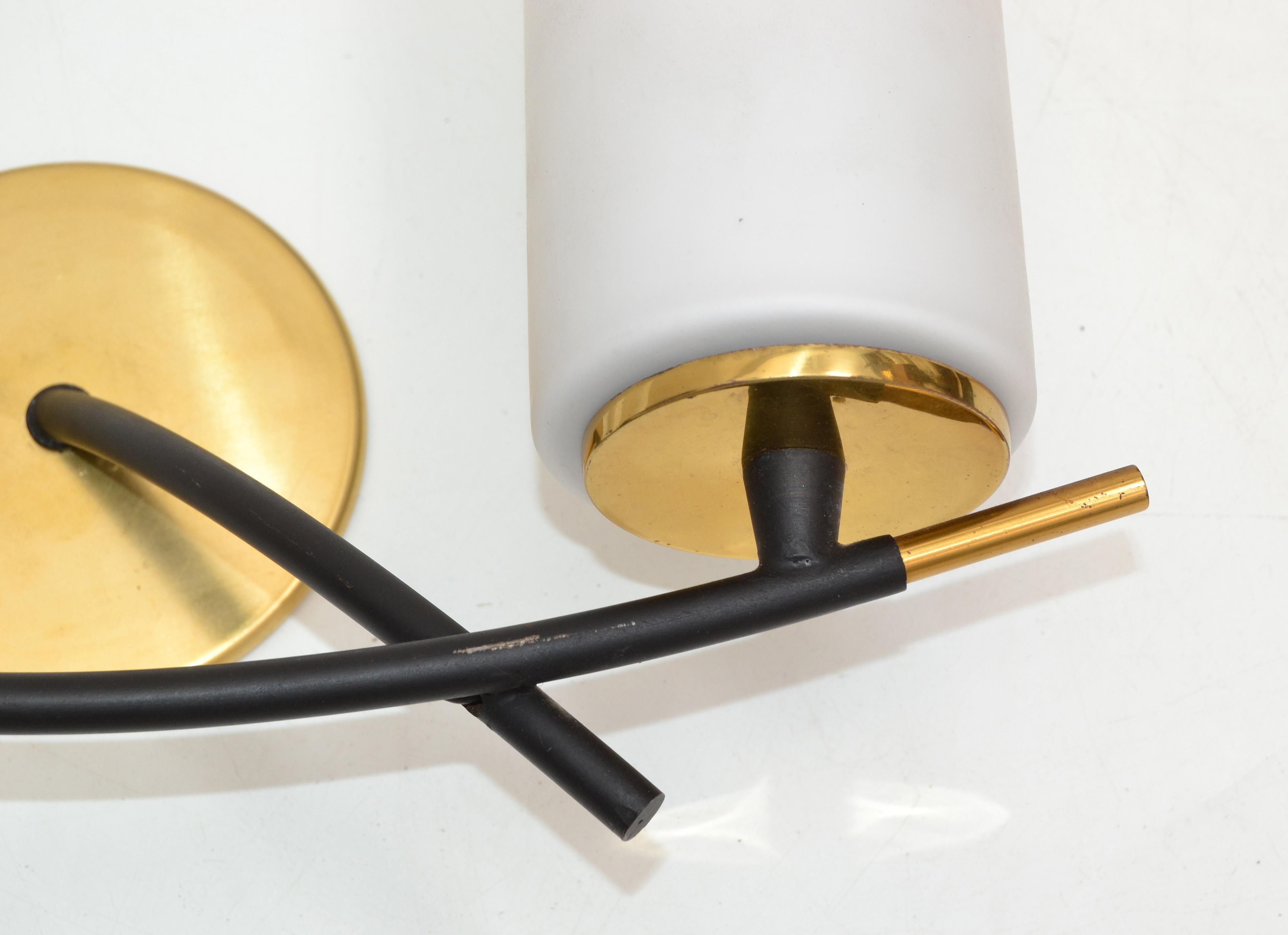Maison Arlus 2 Light Sconce Brass Steel & Cylinder Opaline Shade Art Deco, Pair For Sale 1