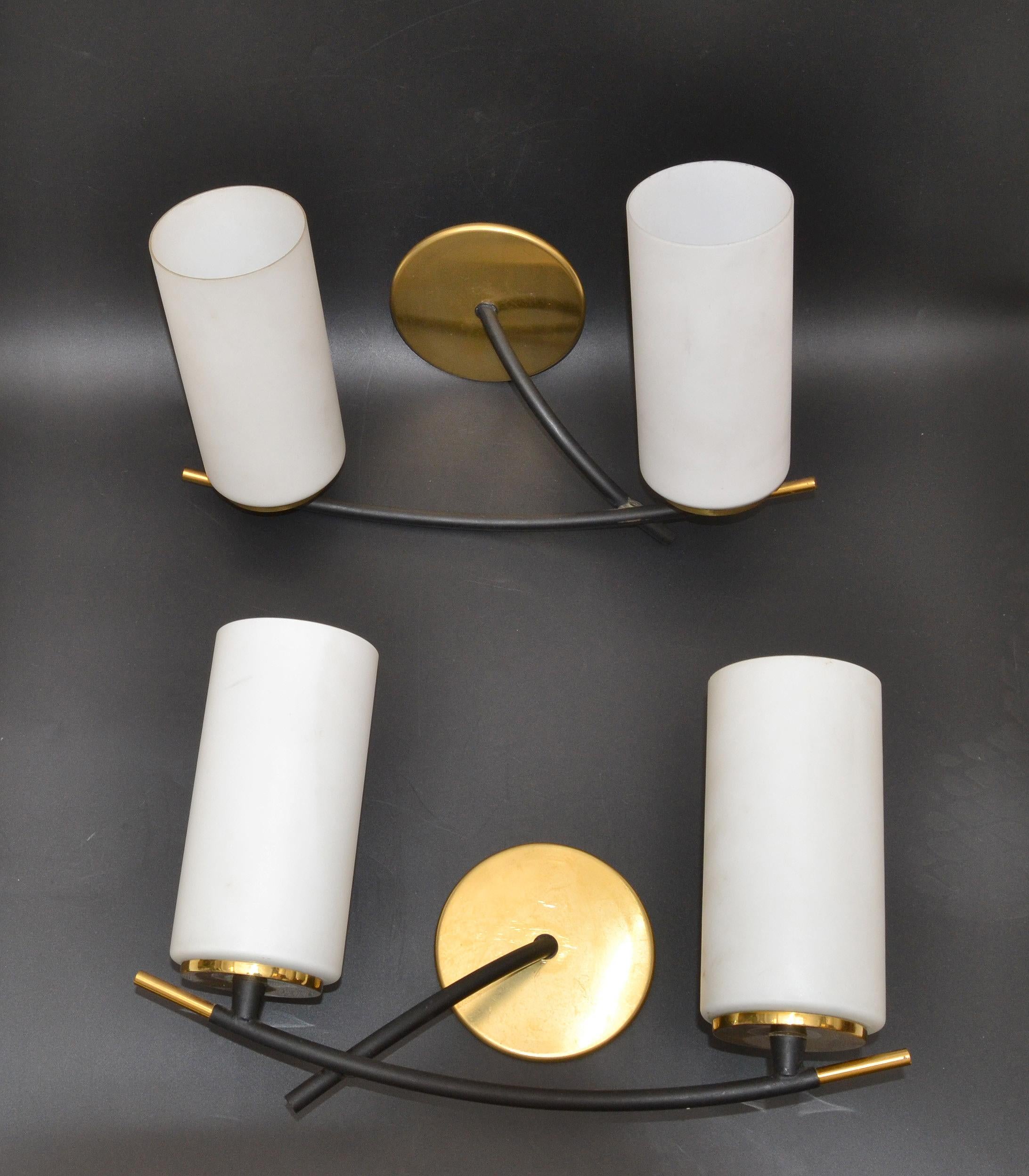 Maison Arlus 2 Light Sconce Brass Steel & Cylinder Opaline Shade Art Deco, Pair For Sale 2