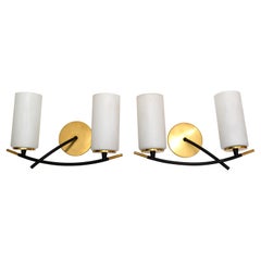 Maison Arlus 2 Light Sconce Brass Steel & Cylinder Opaline Shade Art Deco, Pair