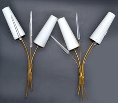 Maison Arlus 2-Light Sconce Faceted Lucite, Brass & Opaline Shade France, Pair