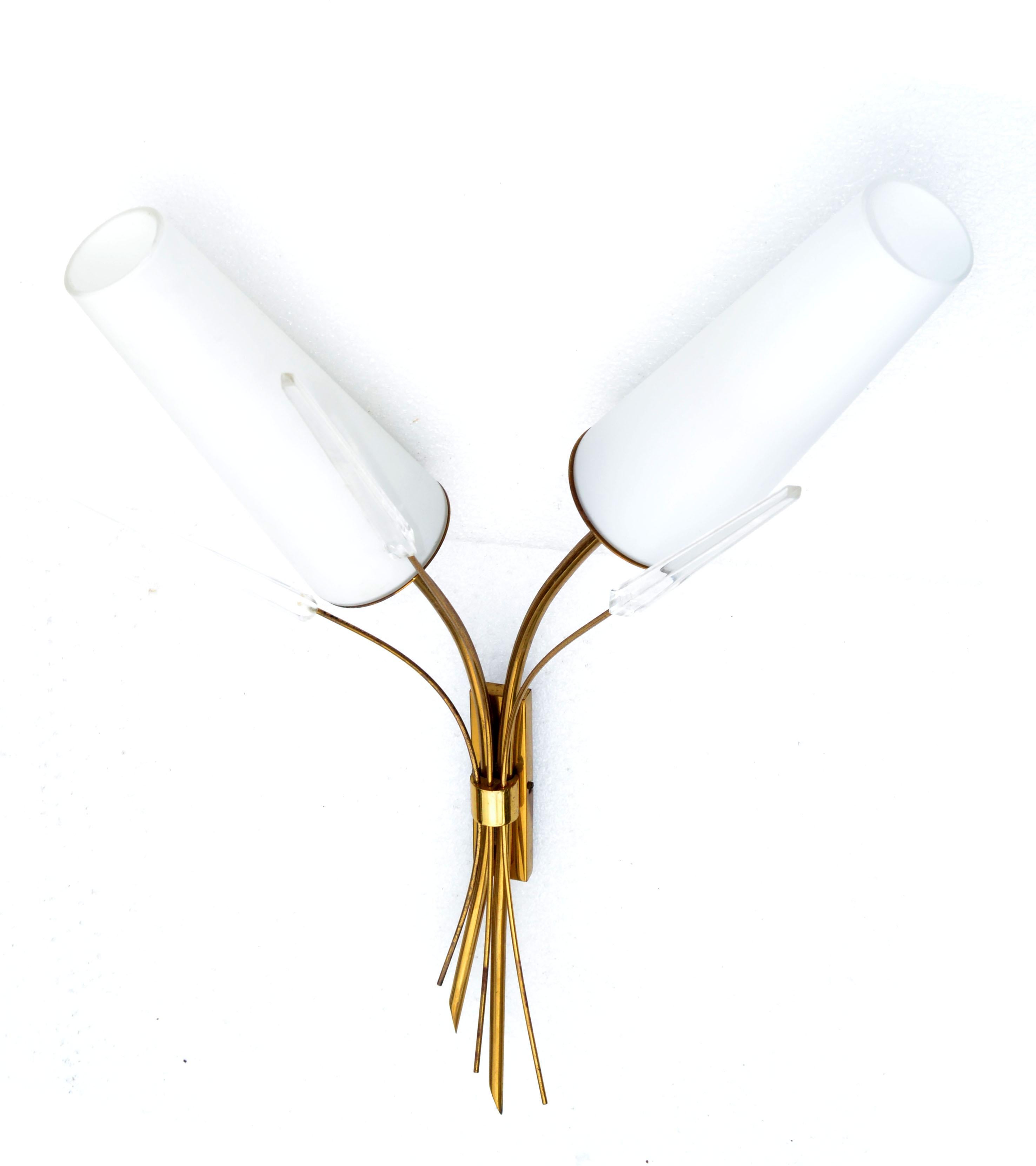Maison Arlus 2-Light Sconce Faceted Lucite, Brass & Opaline Shade France, Pair For Sale 2