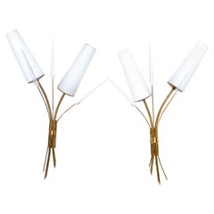 Maison Arlus 2-Light Sconce Faceted Lucite, Brass & Opaline Shade France, Pair