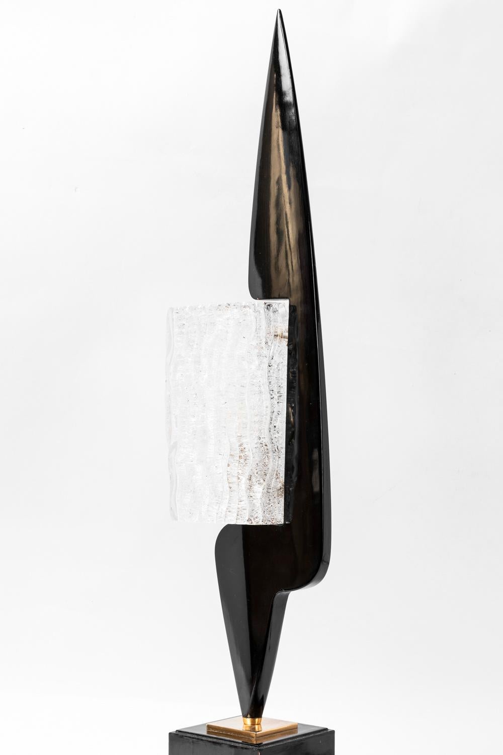 Mid-Century Modern Maison Arlus, Black Lacquered Wood and Glass Lamp, 1950s For Sale