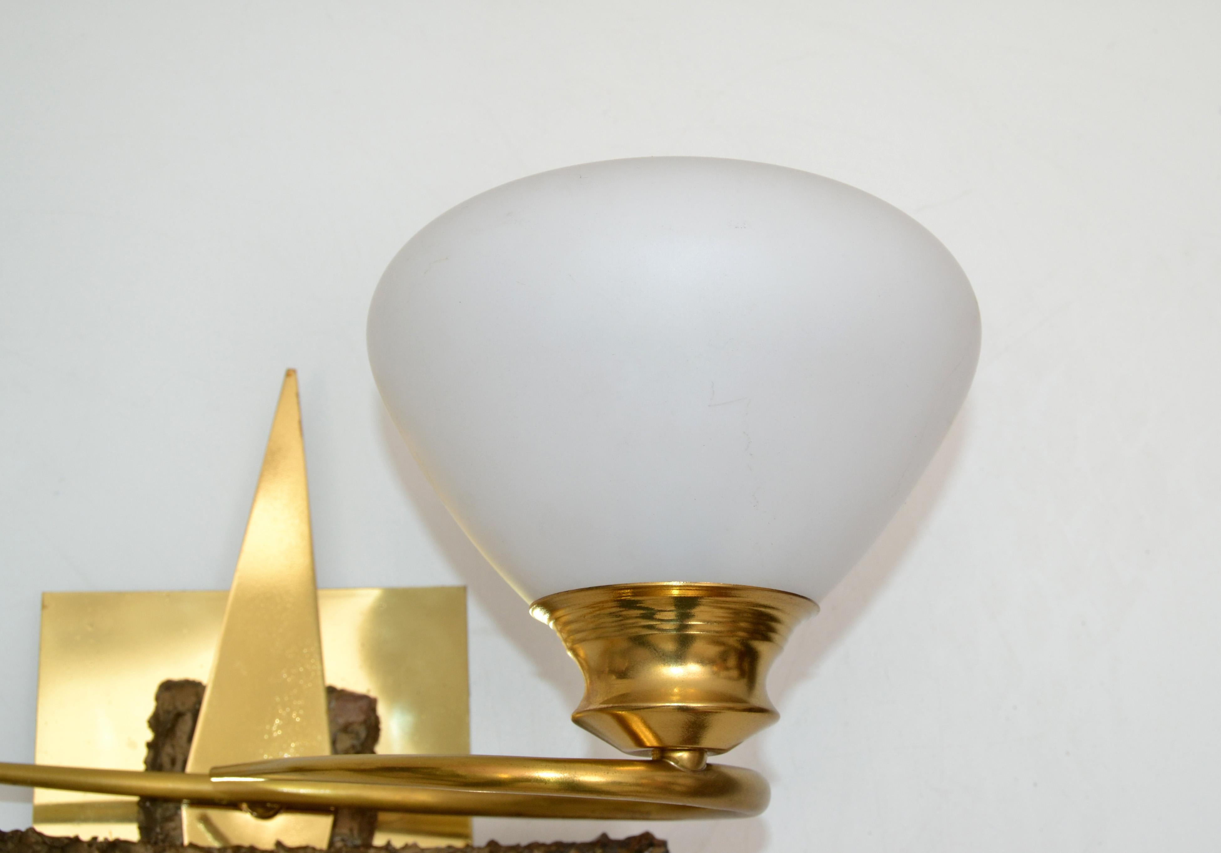Maison Arlus Brass, Bronze Sconces, Wall Lights with Cone Opaline Glass Shade For Sale 3