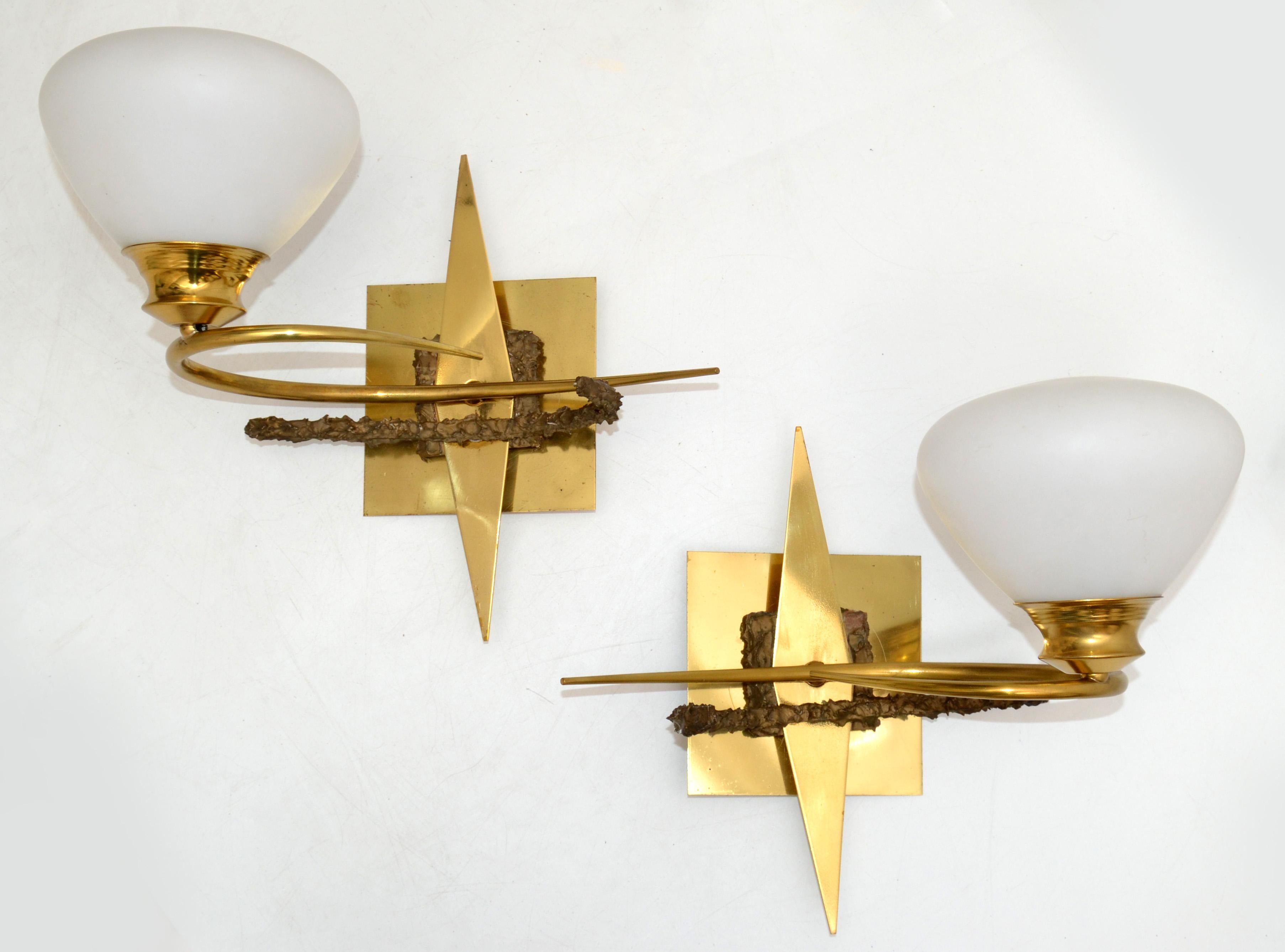 Maison Arlus Brass, Bronze Sconces, Wall Lights with Cone Opaline Glass Shade For Sale 7