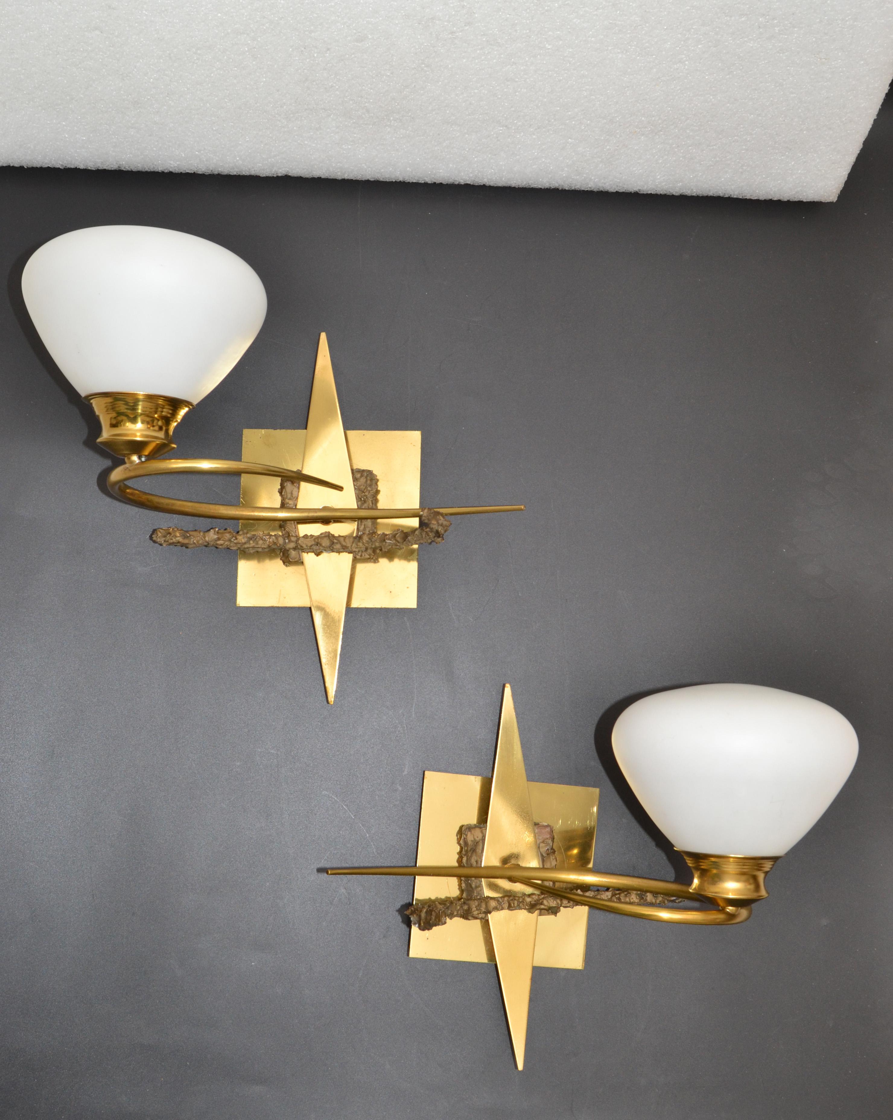 Maison Arlus Brass, Bronze Sconces, Wall Lights with Cone Opaline Glass Shade For Sale 8