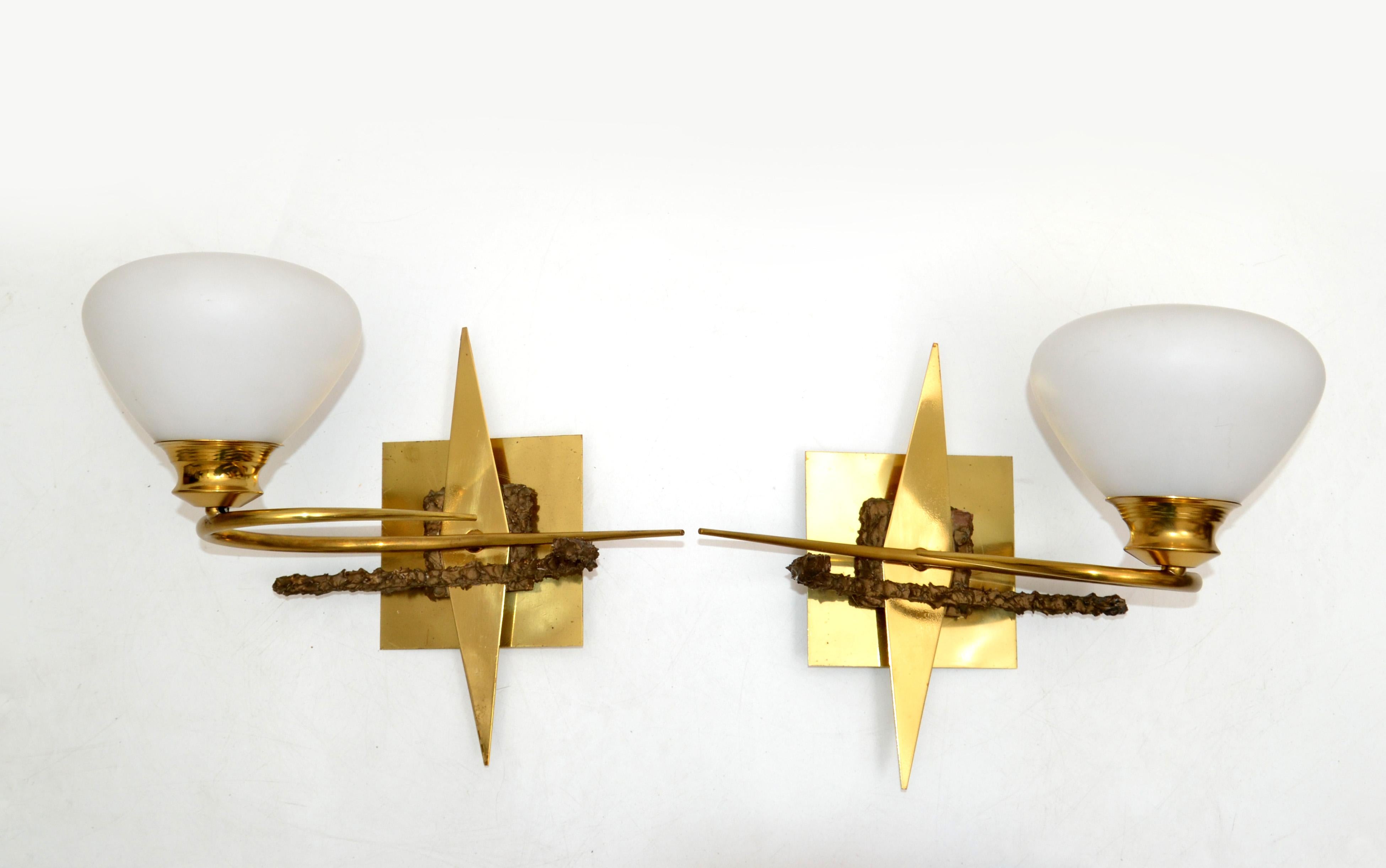 Maison Arlus Brass, Bronze Sconces, Wall Lights with Cone Opaline Glass Shade For Sale 9