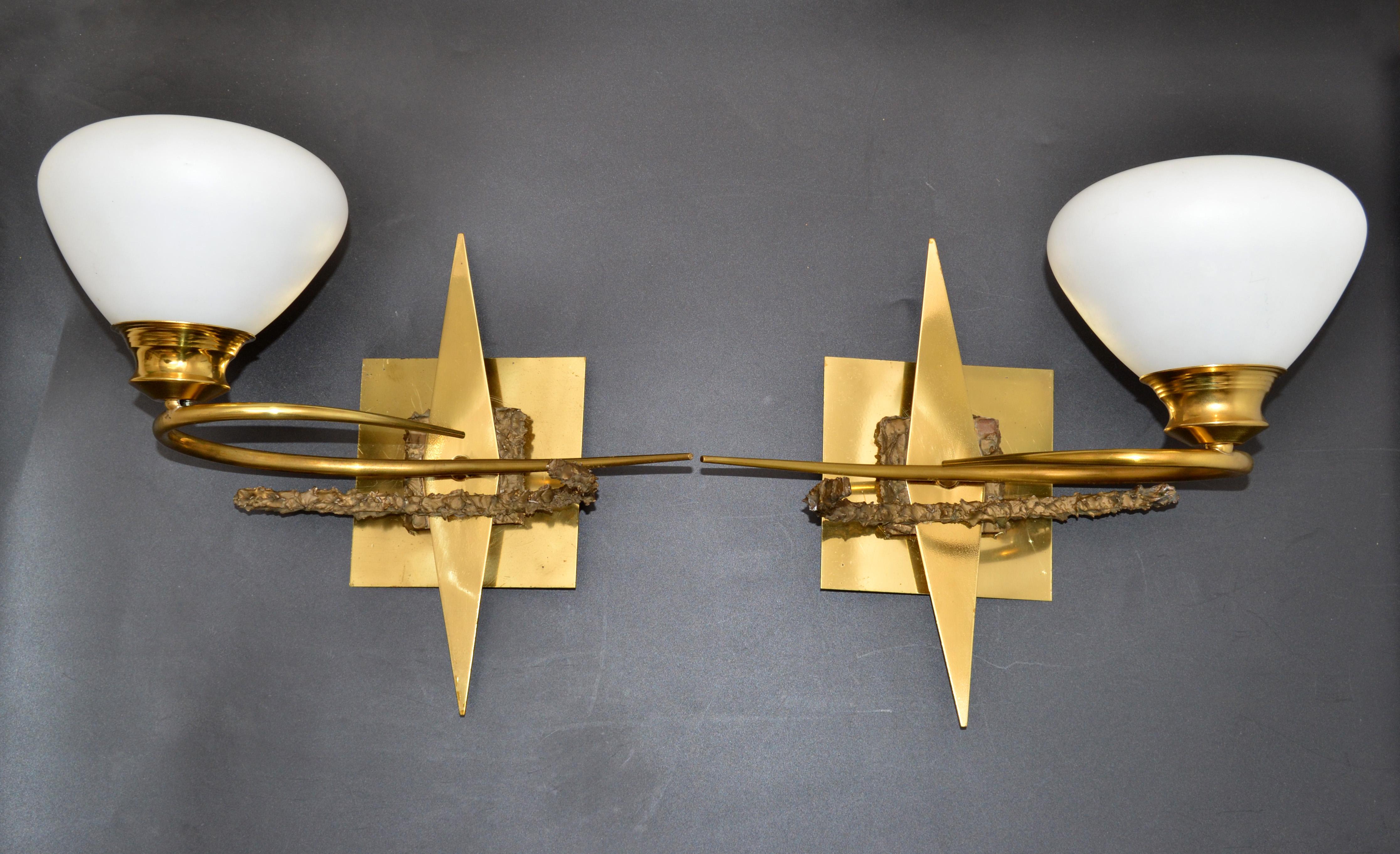 French Maison Arlus Brass, Bronze Sconces, Wall Lights with Cone Opaline Glass Shade For Sale