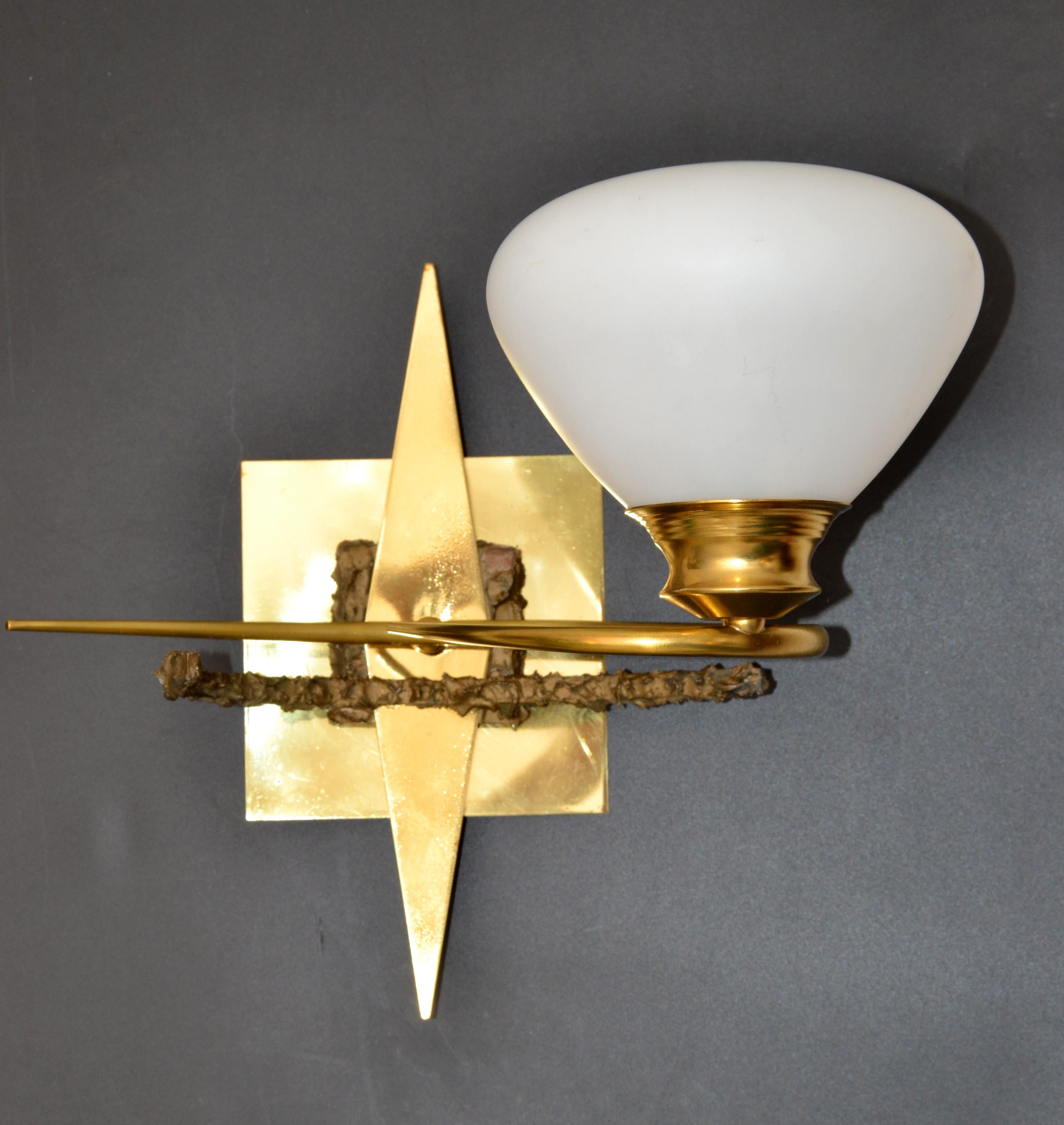 Hand-Crafted Maison Arlus Brass, Bronze Sconces, Wall Lights with Cone Opaline Glass Shade For Sale