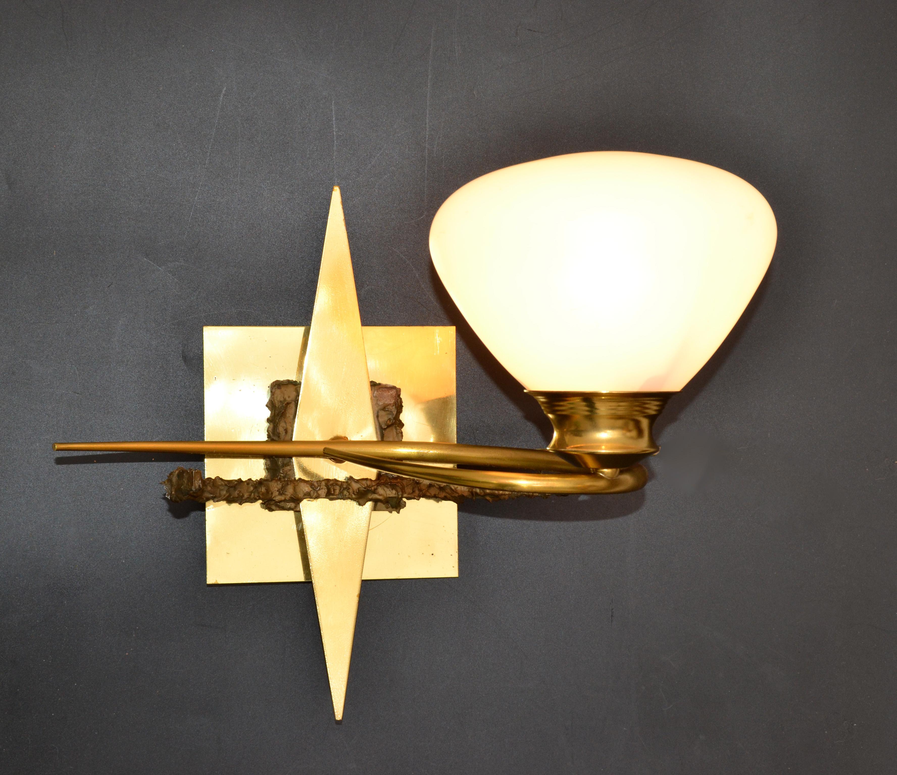 Maison Arlus Brass, Bronze Sconces, Wall Lights with Cone Opaline Glass Shade In Good Condition For Sale In Miami, FL
