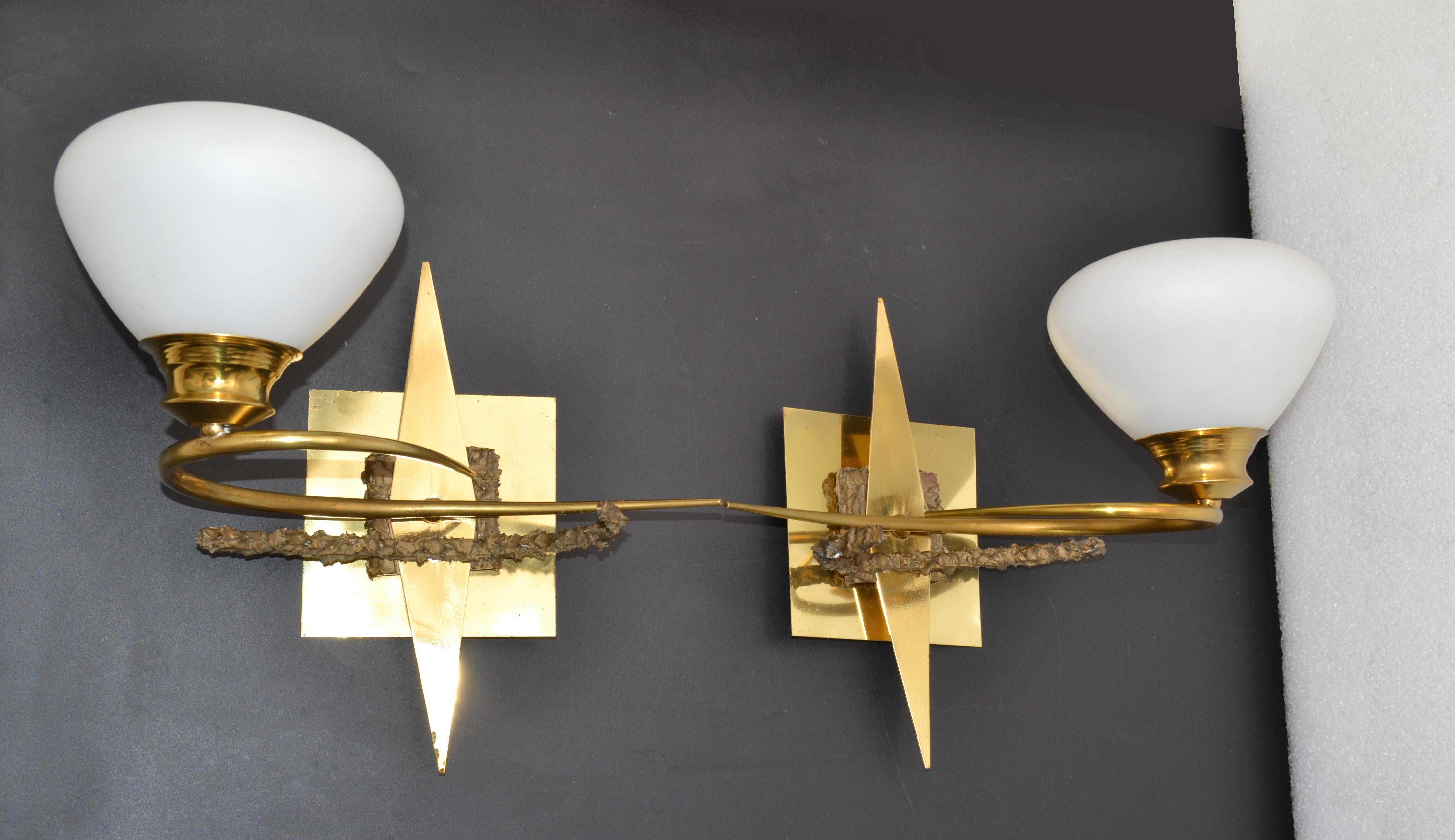 Mid-20th Century Maison Arlus Brass, Bronze Sconces, Wall Lights with Cone Opaline Glass Shade For Sale
