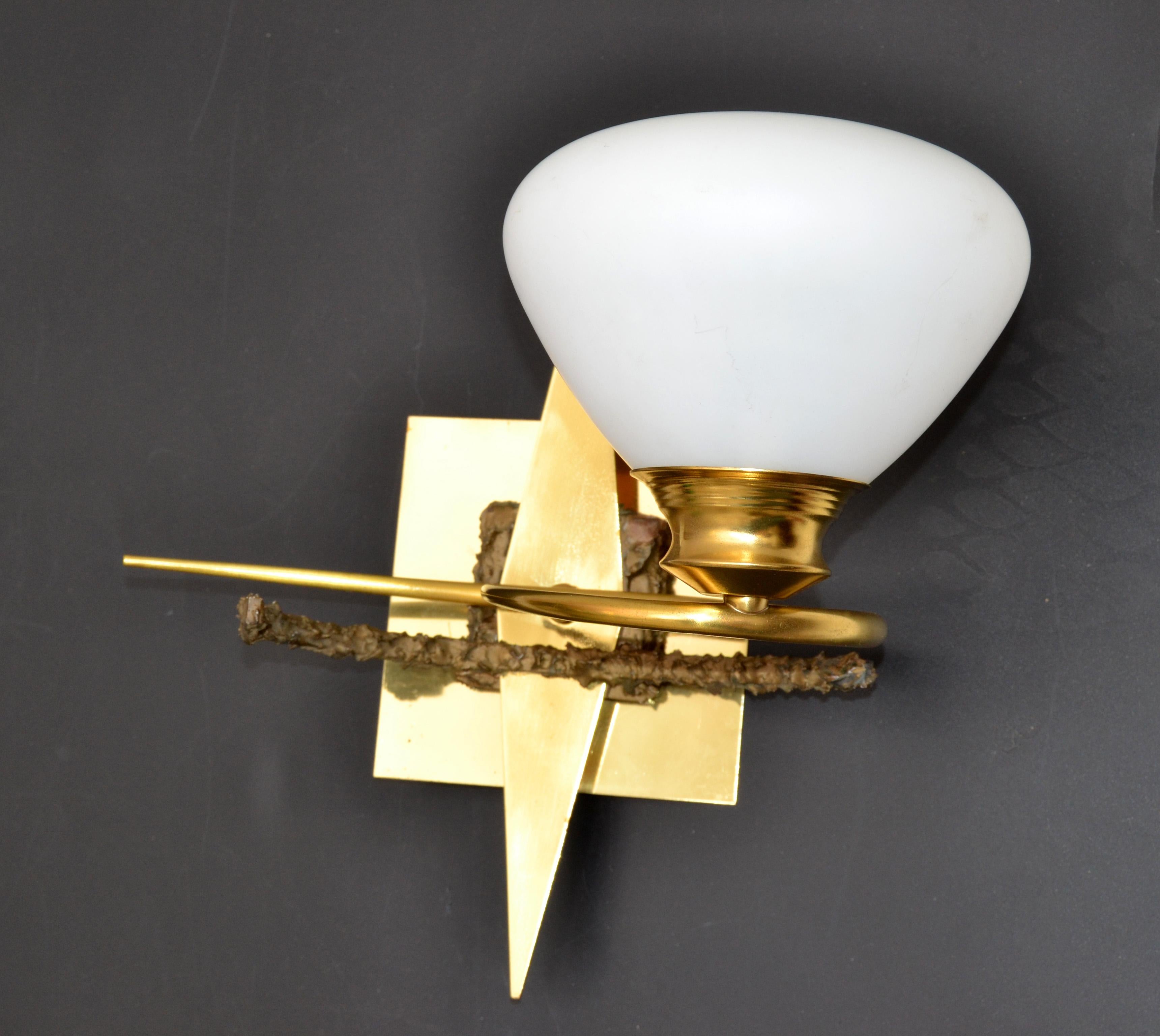 Maison Arlus Brass, Bronze Sconces, Wall Lights with Cone Opaline Glass Shade For Sale 1