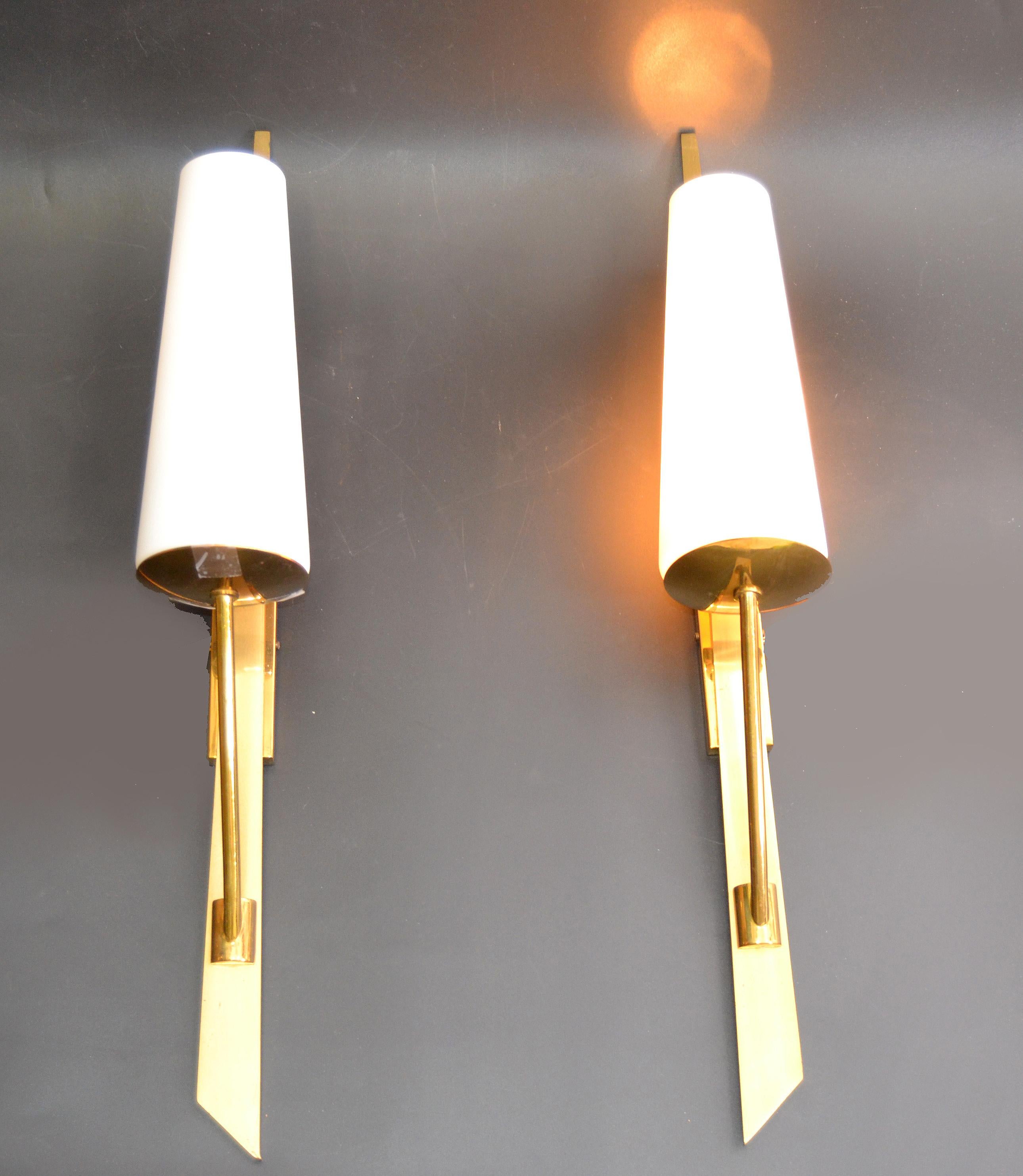 Maison Arlus Brass Sconces & Opaline Glass Shades Mid-Century Modern, Pair 4