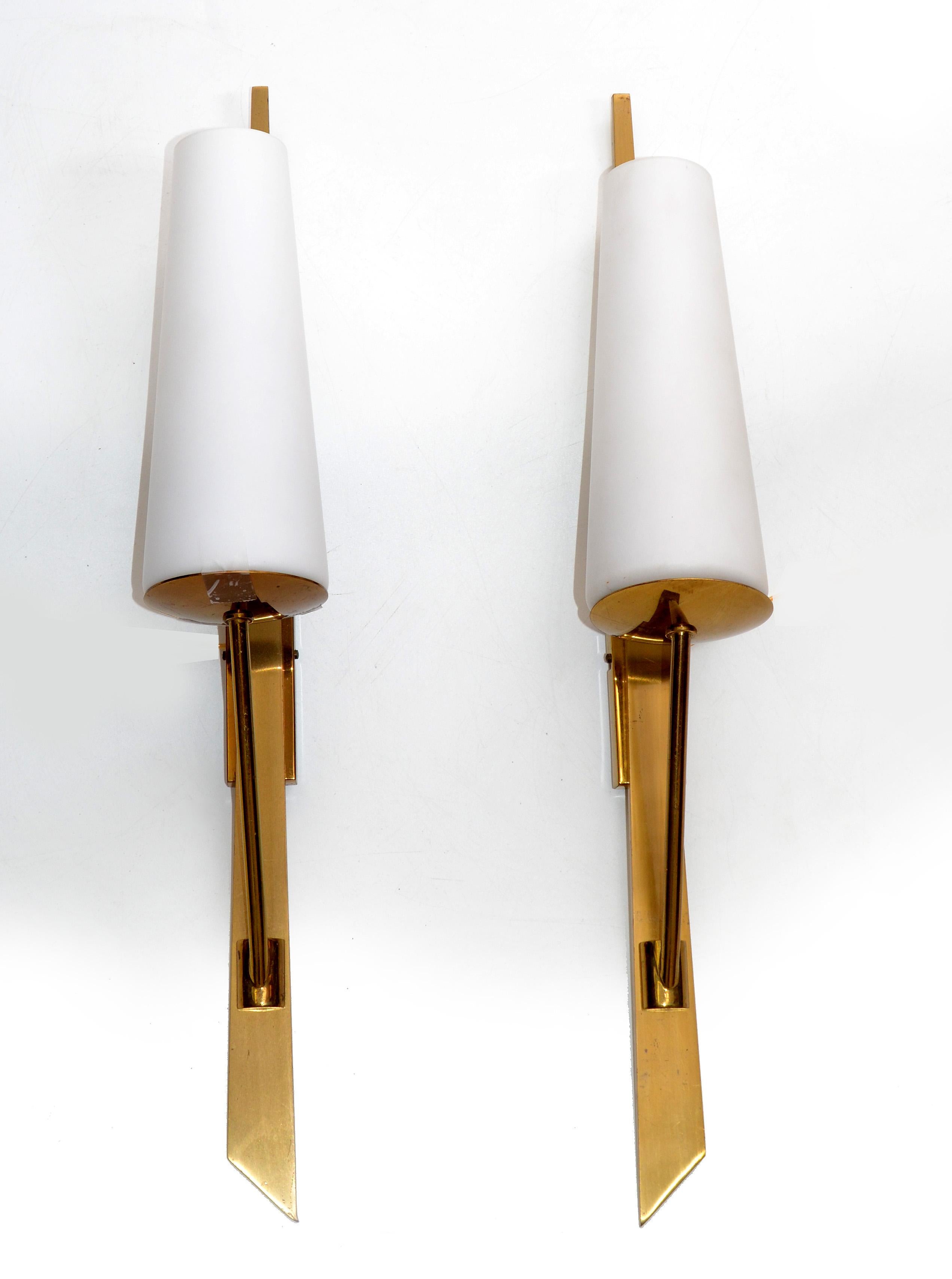 Maison Arlus Brass Sconces & Opaline Glass Shades Mid-Century Modern, Pair 5