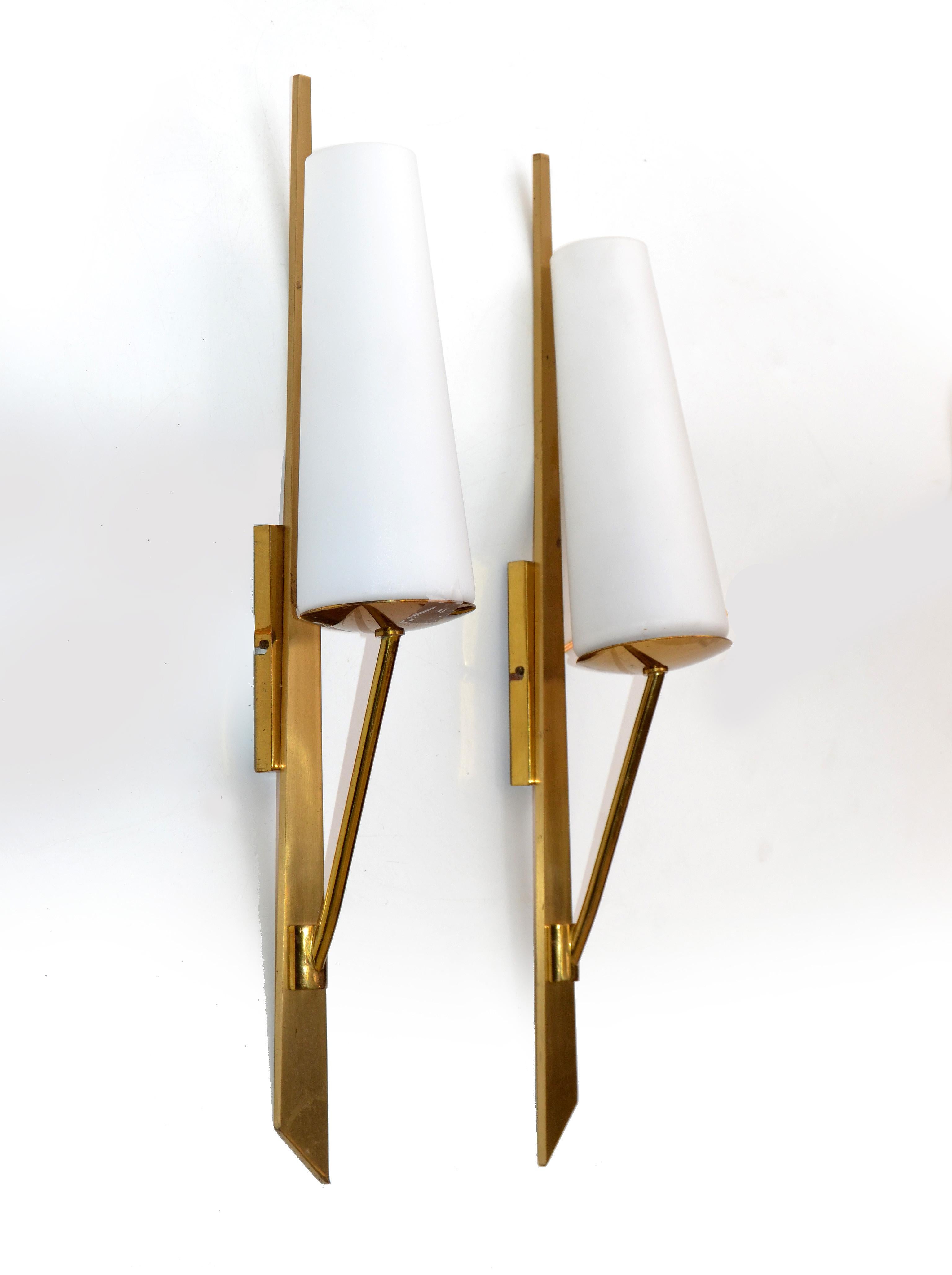 Italian Maison Arlus Brass Sconces & Opaline Glass Shades Mid-Century Modern, Pair