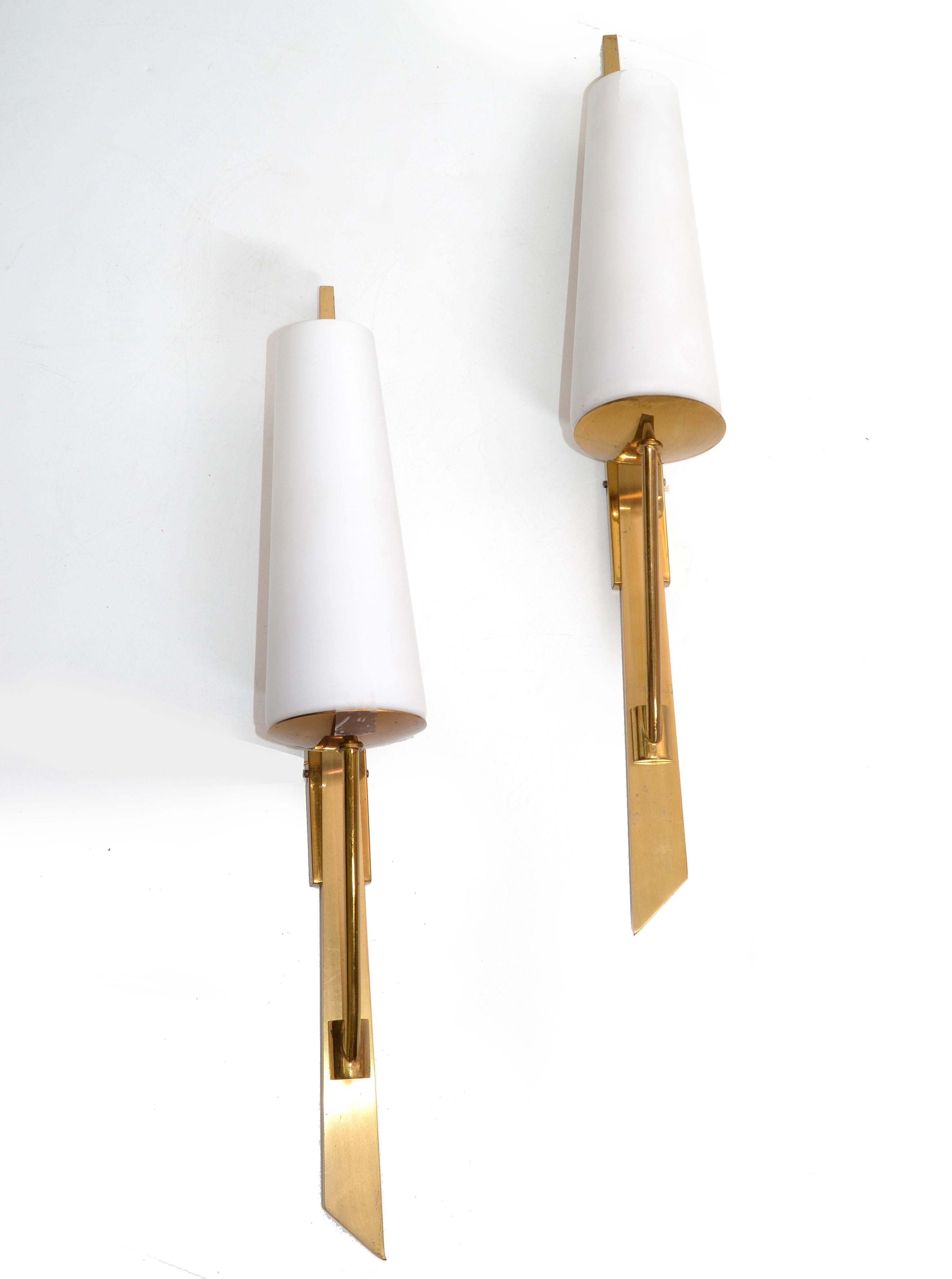 Anodized Maison Arlus Brass Sconces & Opaline Glass Shades Mid-Century Modern, Pair