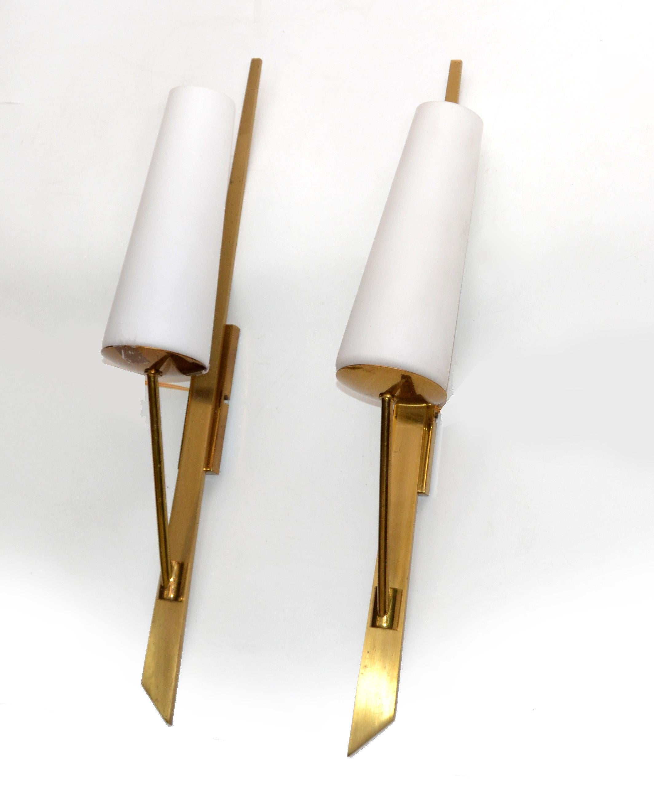 Maison Arlus Brass Sconces & Opaline Glass Shades Mid-Century Modern, Pair In Good Condition In Miami, FL